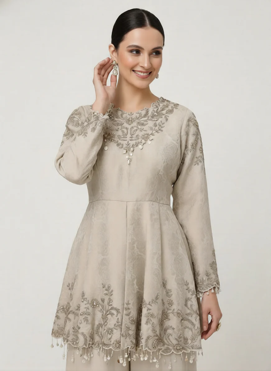 Elegant Beige Embroidered Peplum Kurti with Palazzo Set - Image 4