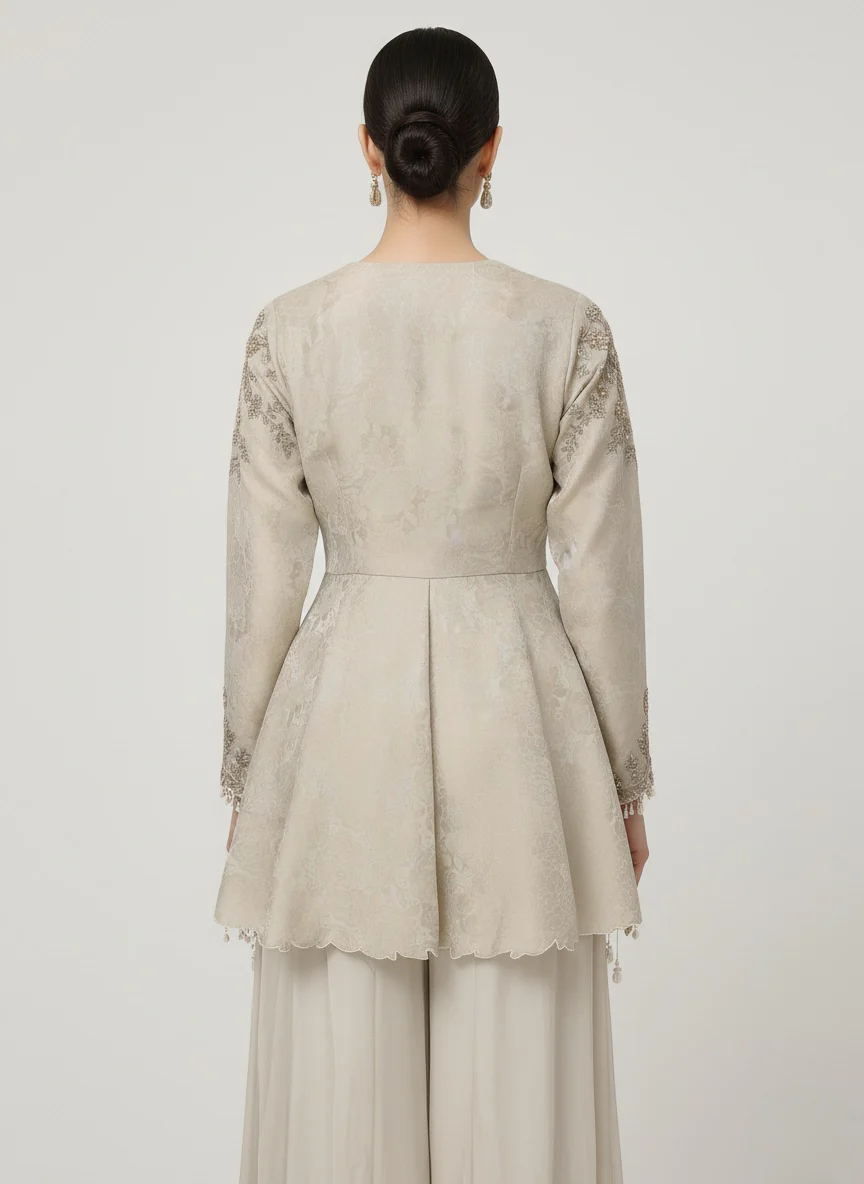 Elegant Beige Embroidered Peplum Kurti with Palazzo Set - Image 5