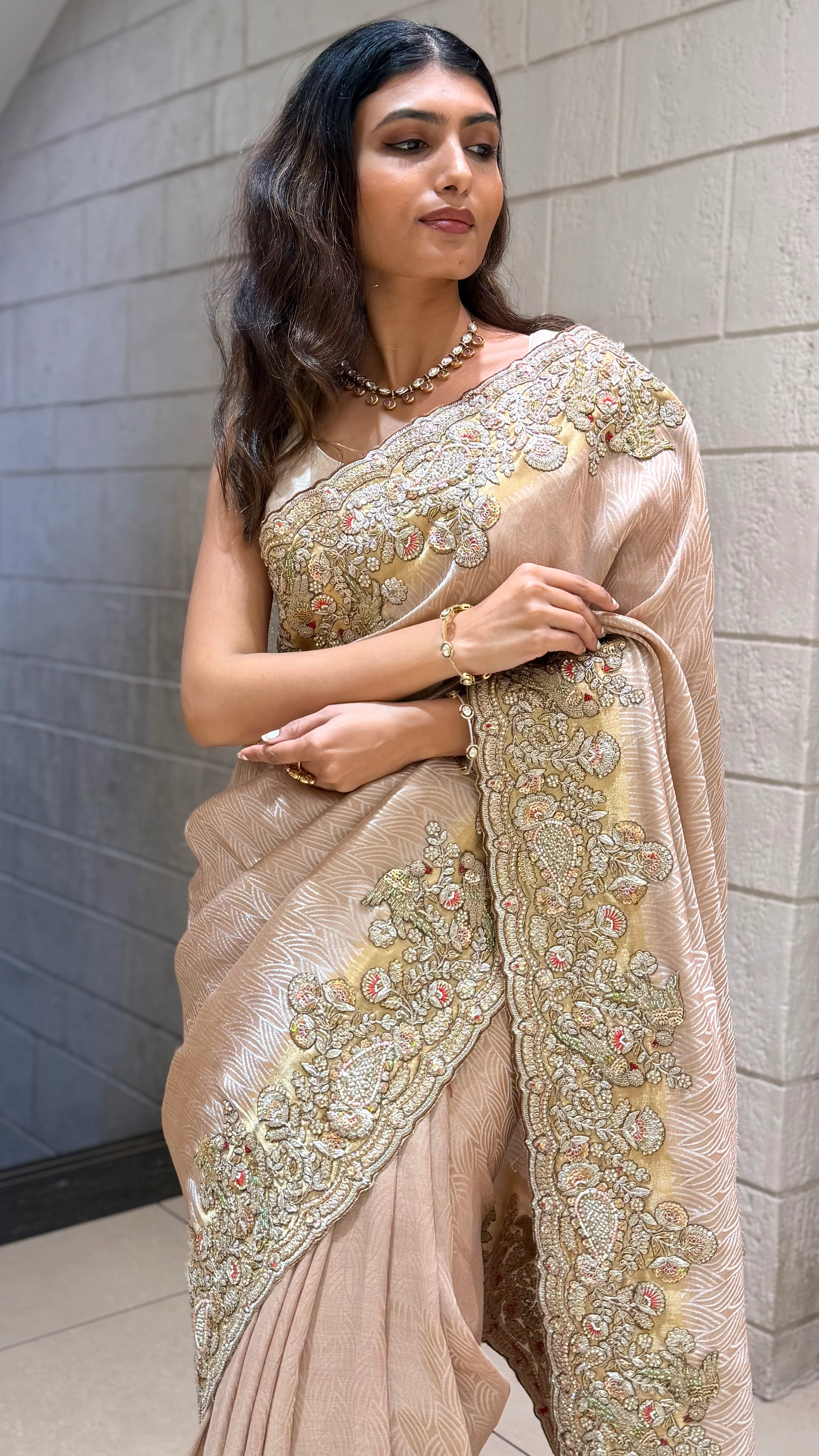 Elegant Beige Festive Embroidered Saree - Image 6