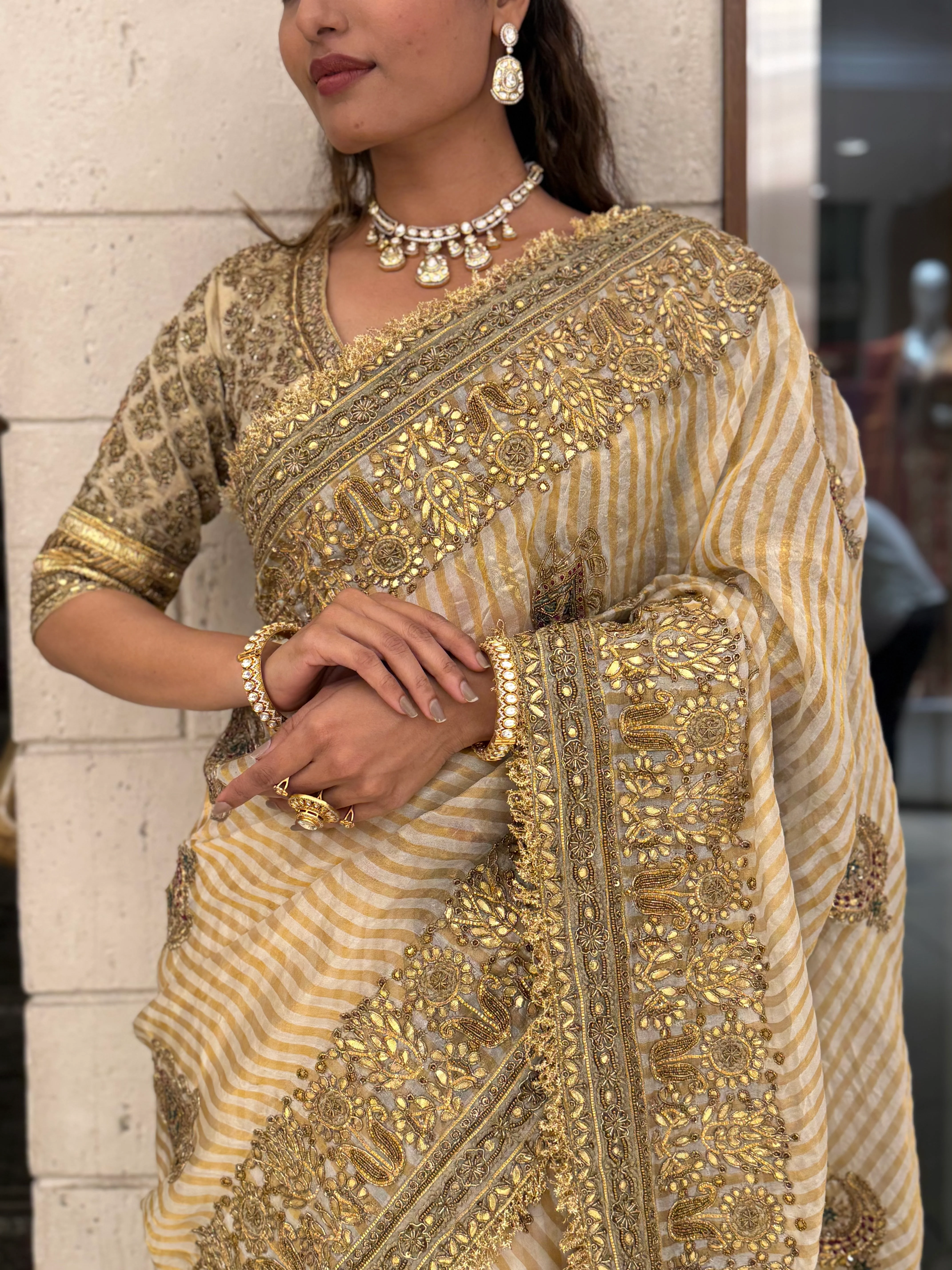 Elegant Beige & Gold Hand-Embellished Designer Saree with Heavy Zari Border - Image 2