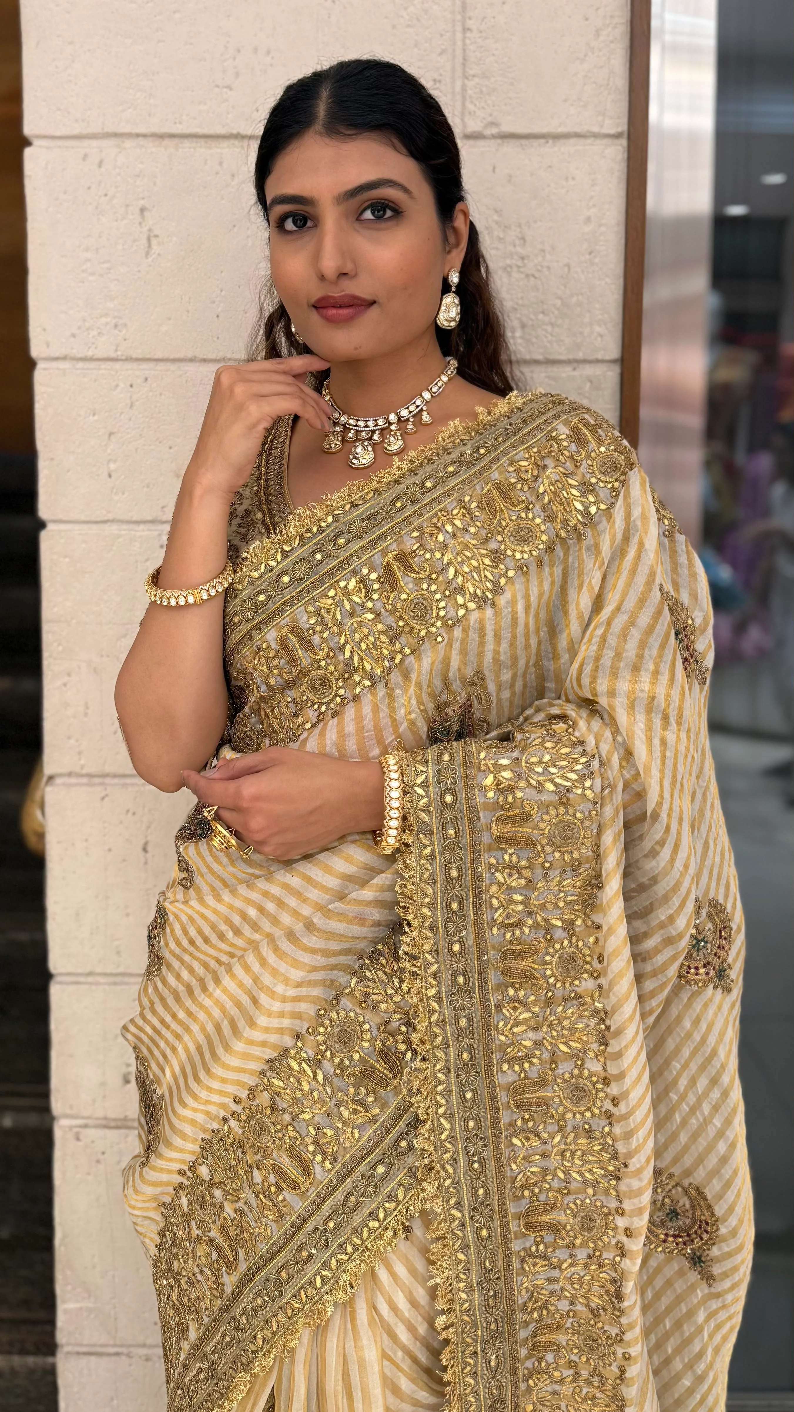 Elegant Beige & Gold Hand-Embellished Designer Saree with Heavy Zari Border - Image 5