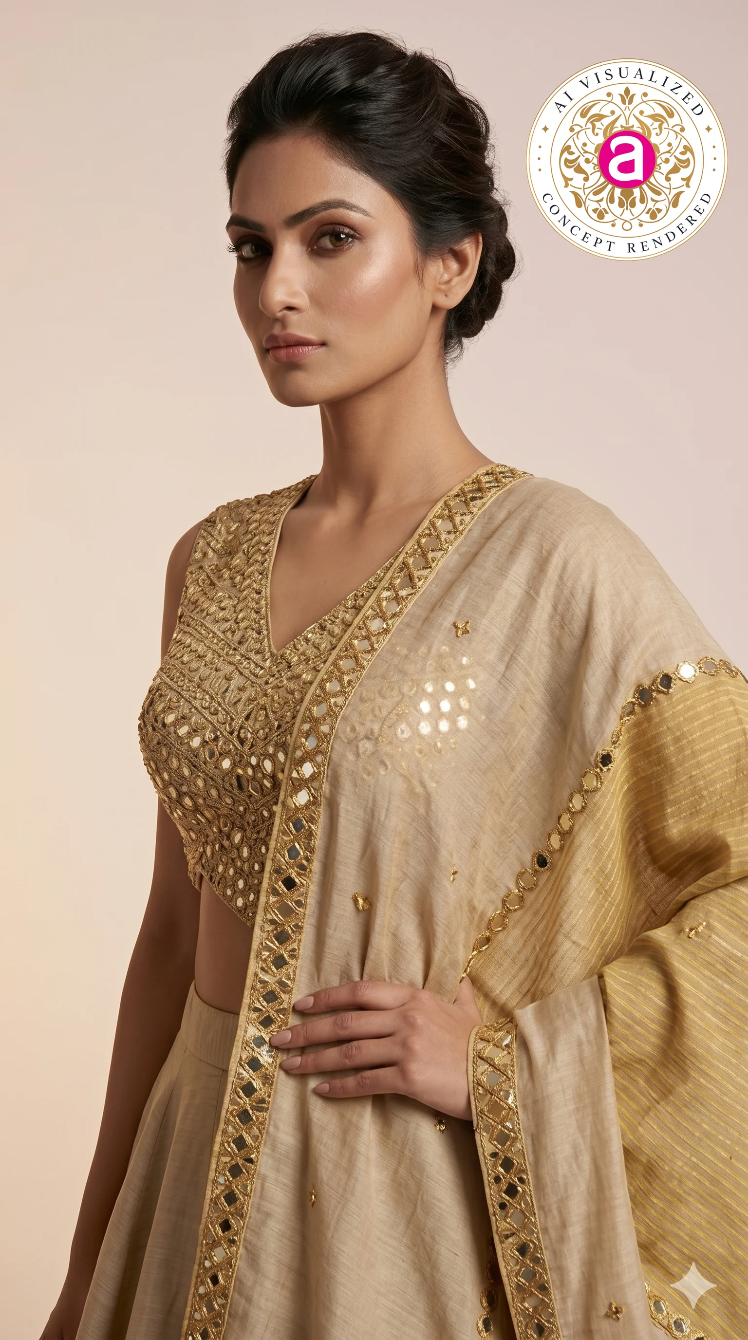Elegant Beige & Gold Minimal Designer Lehenga Choli with Embellished Blouse & Dupatta - Image 2