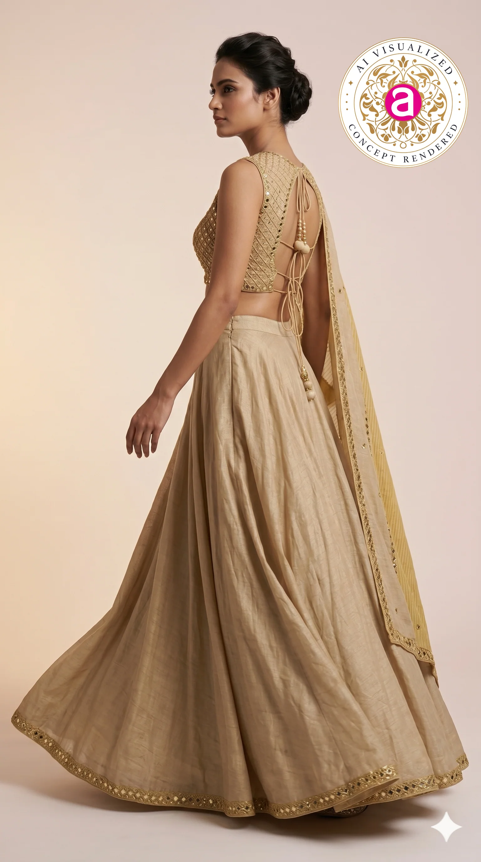 Elegant Beige & Gold Minimal Designer Lehenga Choli with Embellished Blouse & Dupatta - Image 3