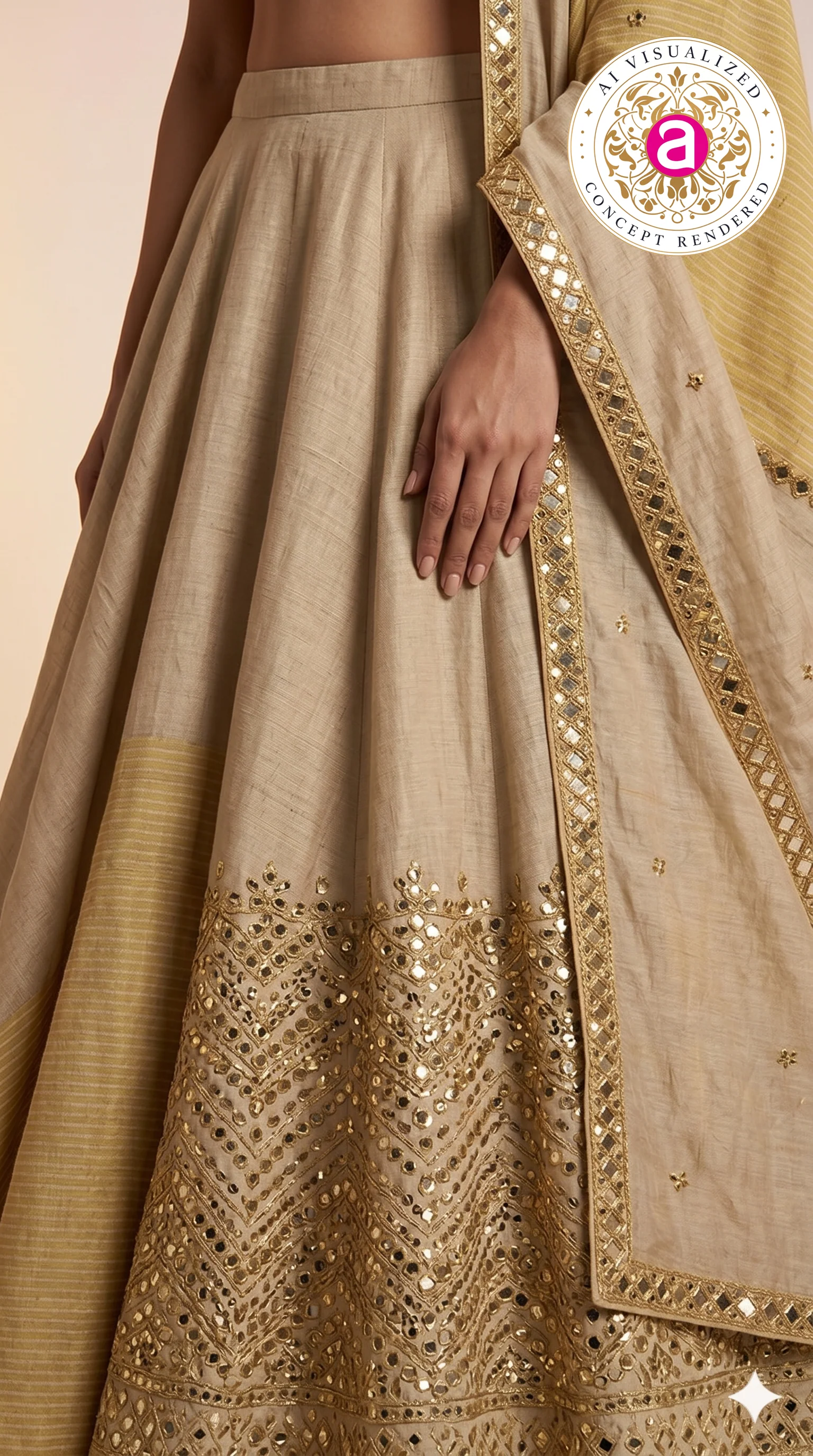 Elegant Beige & Gold Minimal Designer Lehenga Choli with Embellished Blouse & Dupatta - Image 4