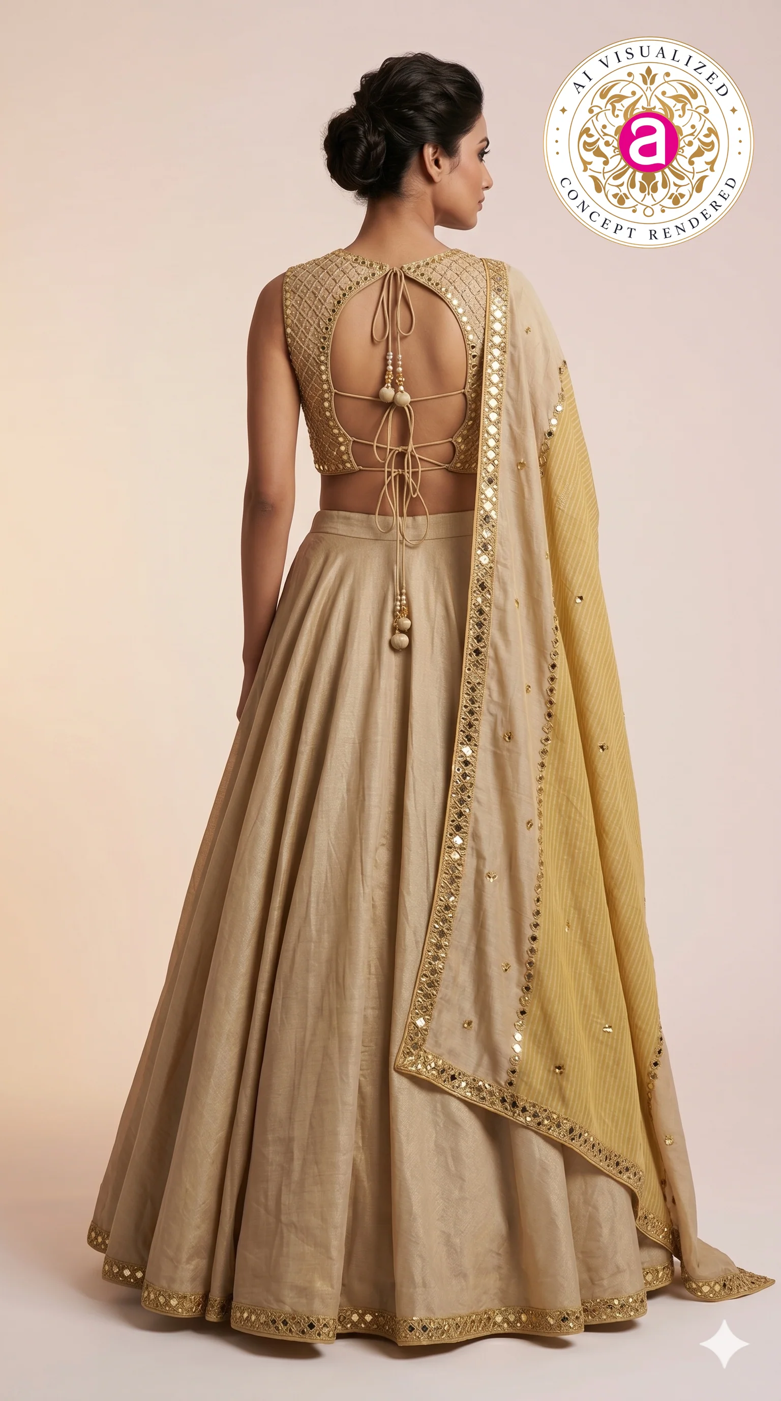 Elegant Beige & Gold Minimal Designer Lehenga Choli with Embellished Blouse & Dupatta - Image 5