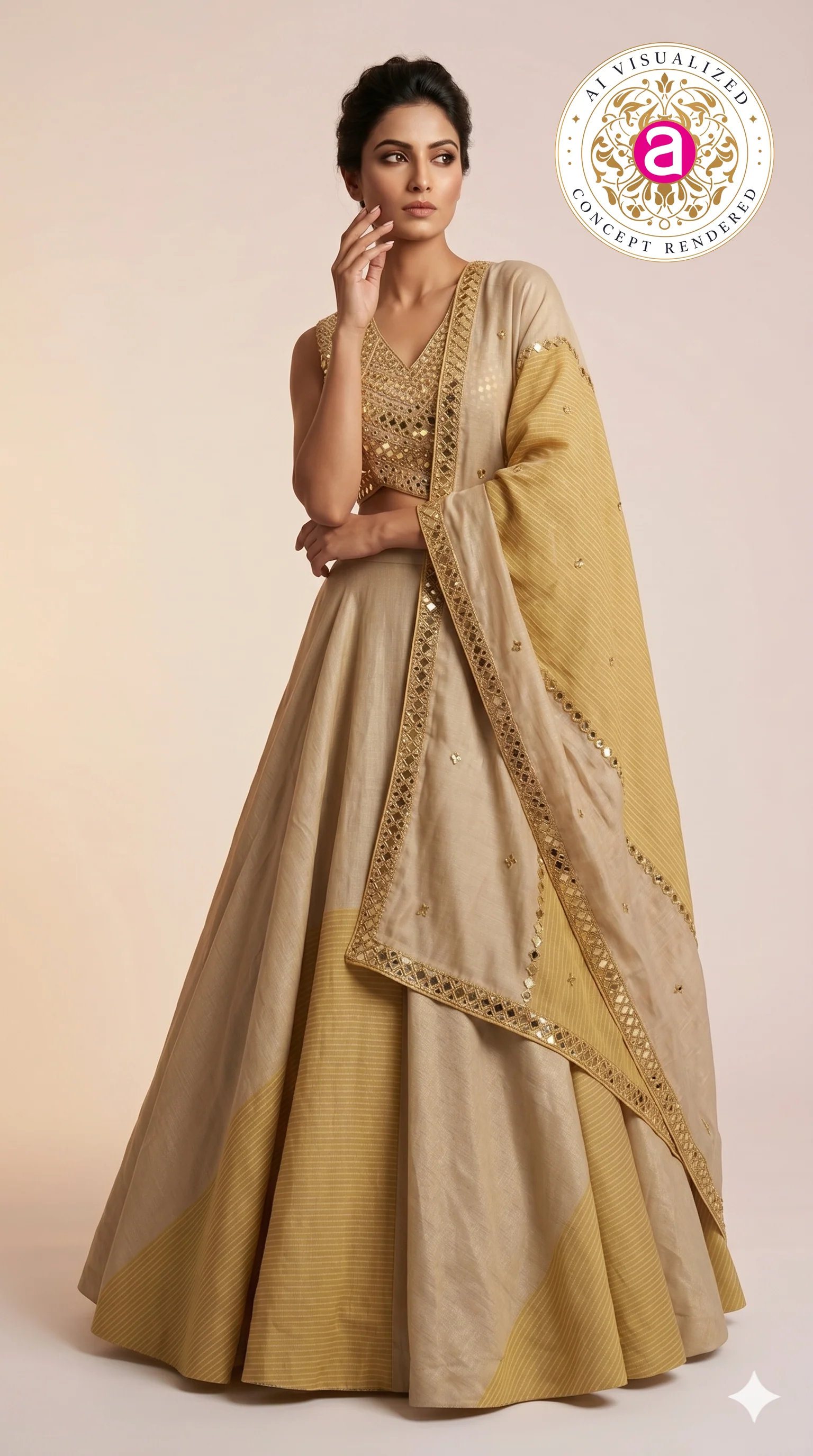 Elegant Beige & Gold Minimal Designer Lehenga Choli with Embellished Blouse & Dupatta - Image 6