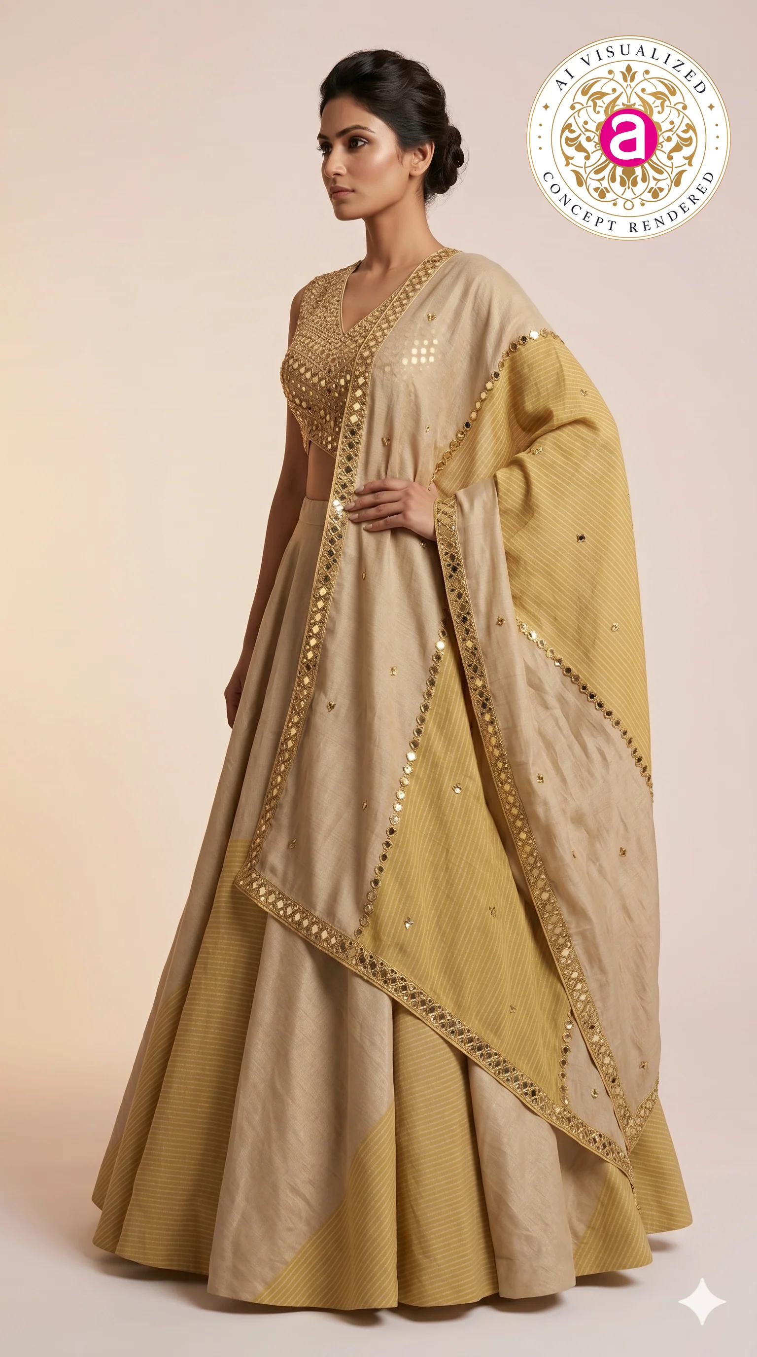 Elegant Beige & Gold Minimal Designer Lehenga Choli with Embellished Blouse & Dupatta - Image 7