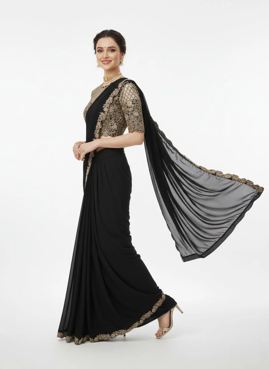 Elegant Black Embroidered Saree with Heavy Designer Blouse - Image 2