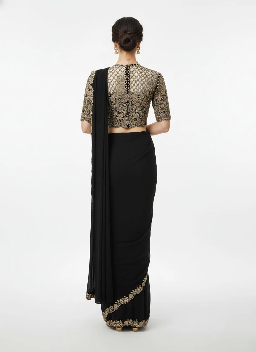 Elegant Black Embroidered Saree with Heavy Designer Blouse - Image 3