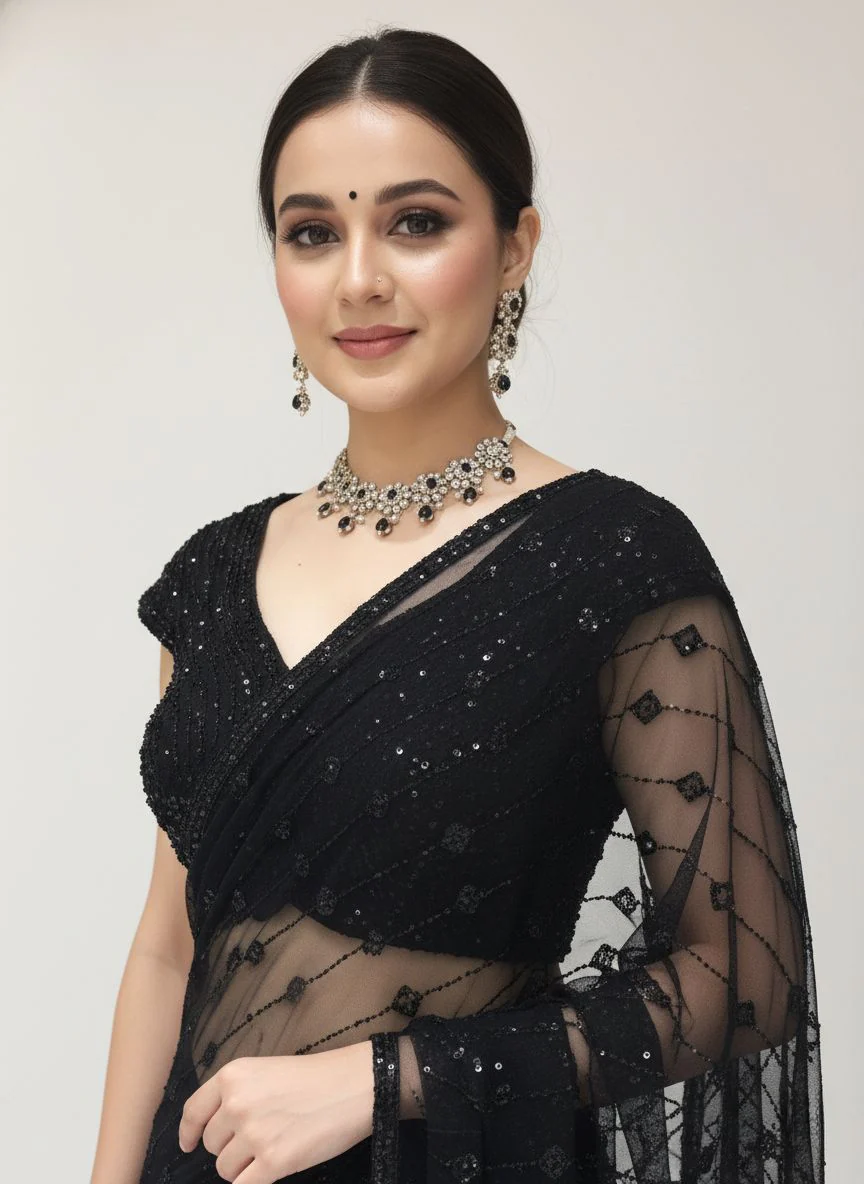Elegant Black Sequin Embroidered Net Saree – Midnight Radiance Edition - Image 2