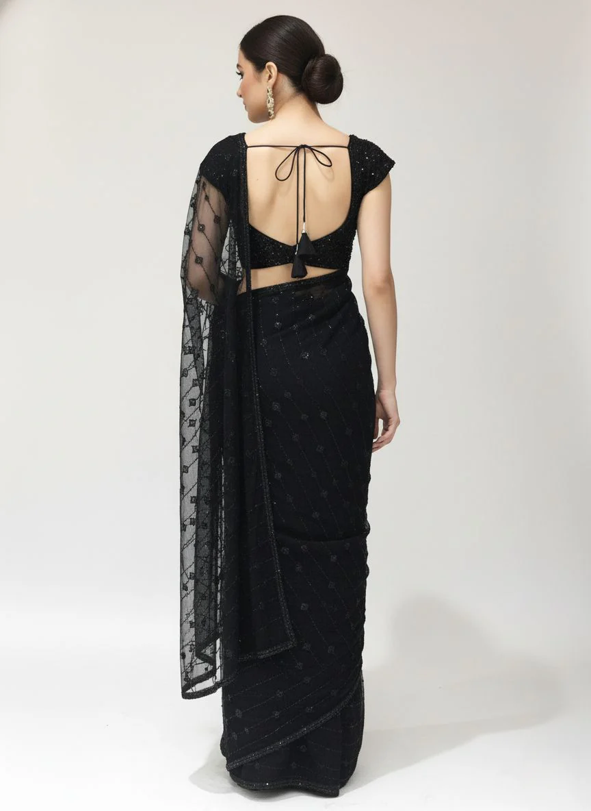 Elegant Black Sequin Embroidered Net Saree – Midnight Radiance Edition - Image 3