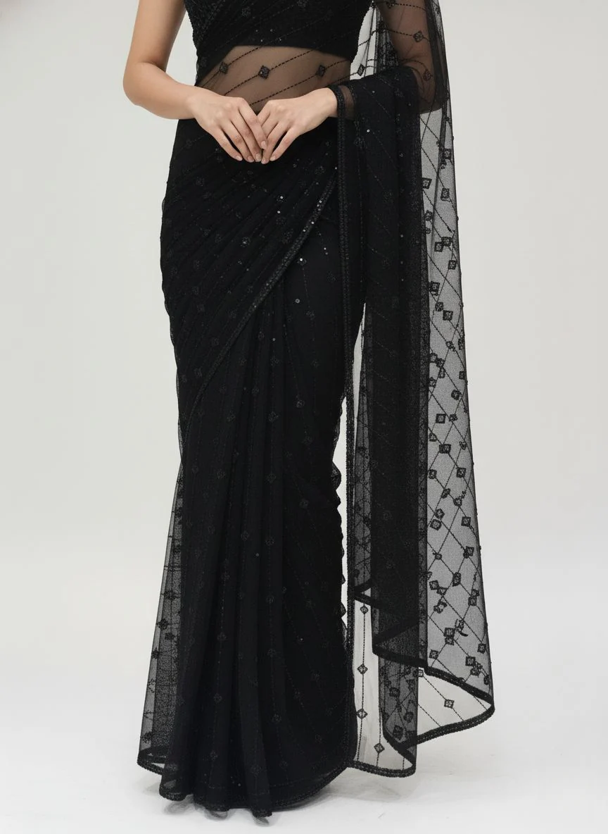 Elegant Black Sequin Embroidered Net Saree – Midnight Radiance Edition - Image 4