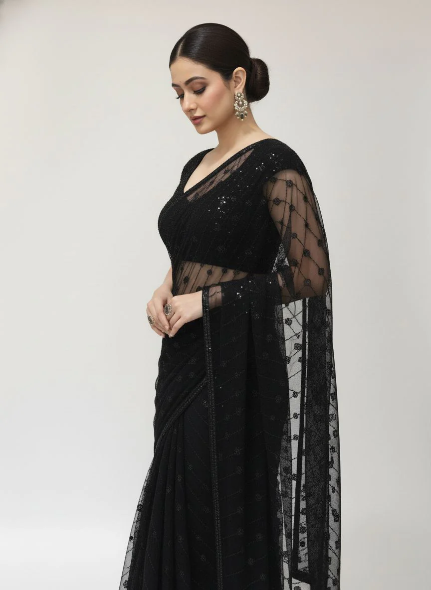 Elegant Black Sequin Embroidered Net Saree – Midnight Radiance Edition - Image 5