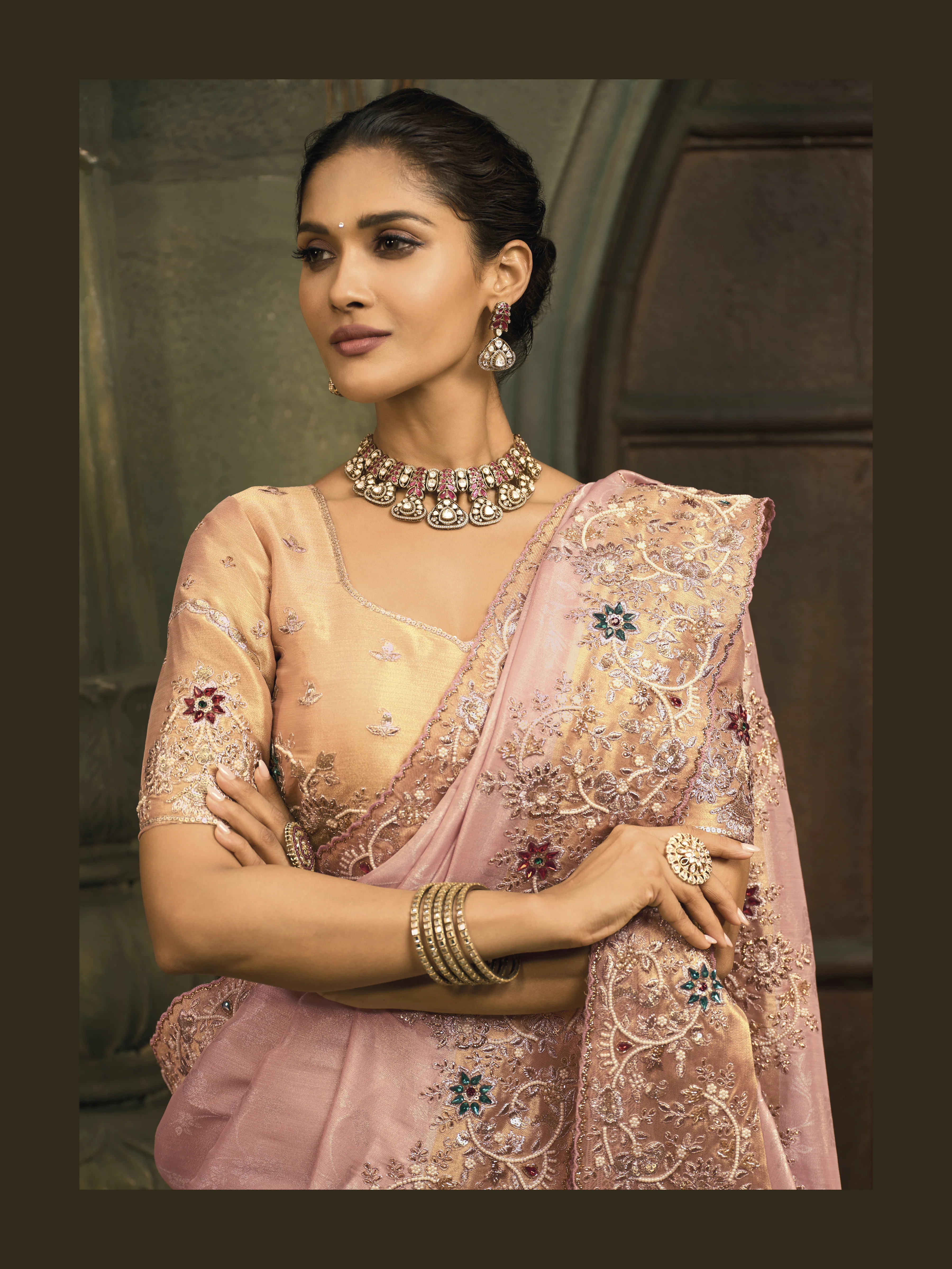 Elegant Blush Pink Silk Saree with Floral Embroidered Border - Image 2