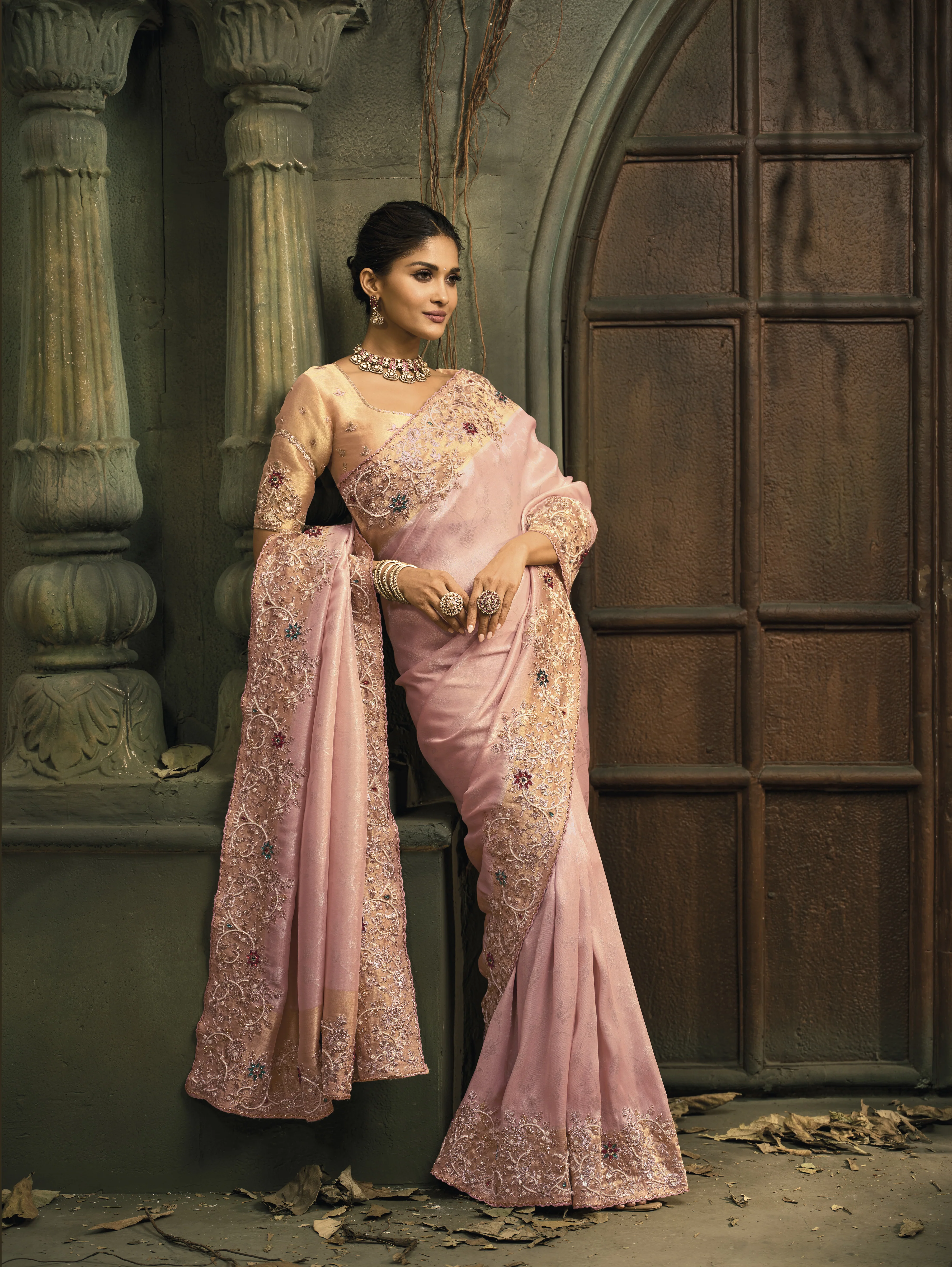 Elegant Blush Pink Silk Saree with Floral Embroidered Border - Image 3