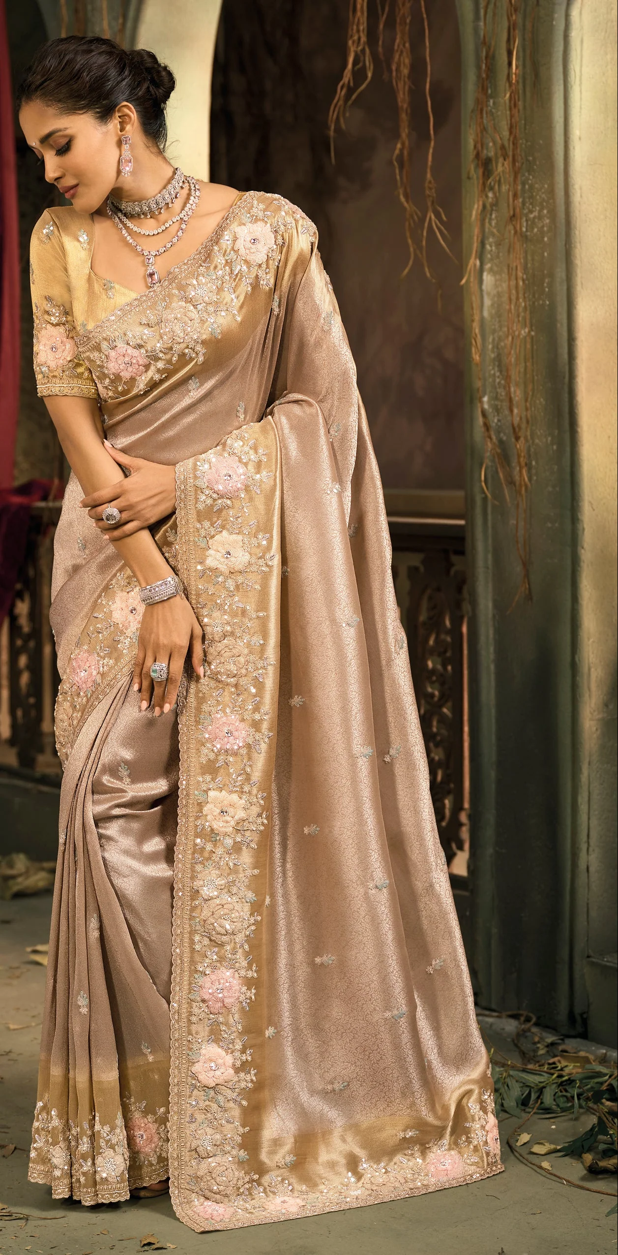 Elegant Blush Pink Silk Saree with Floral Embroidered Border - Image 5