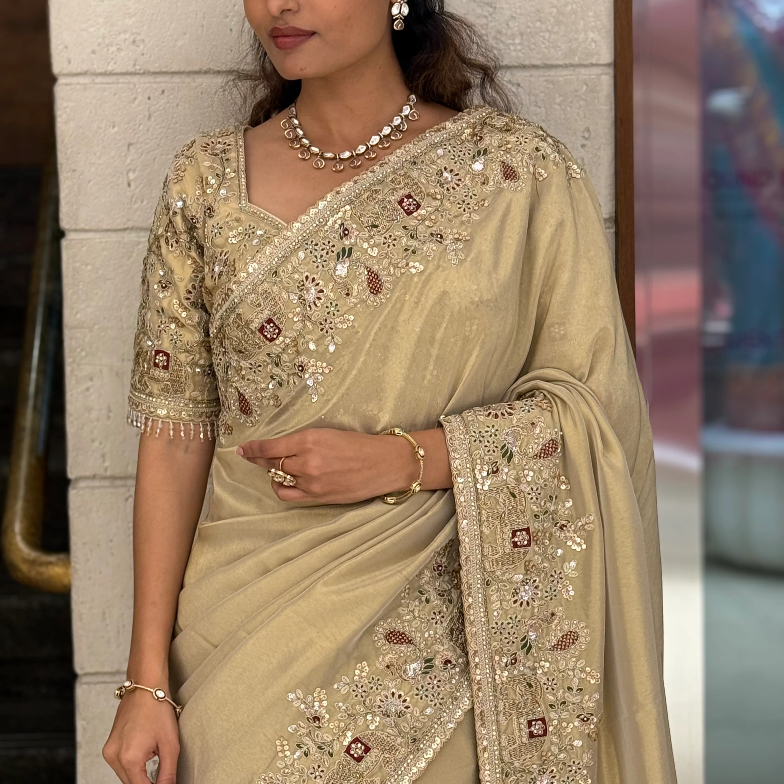 Elegant Champagne Gold Silk Saree with Intricate Hand Embroidery Border - Image 2