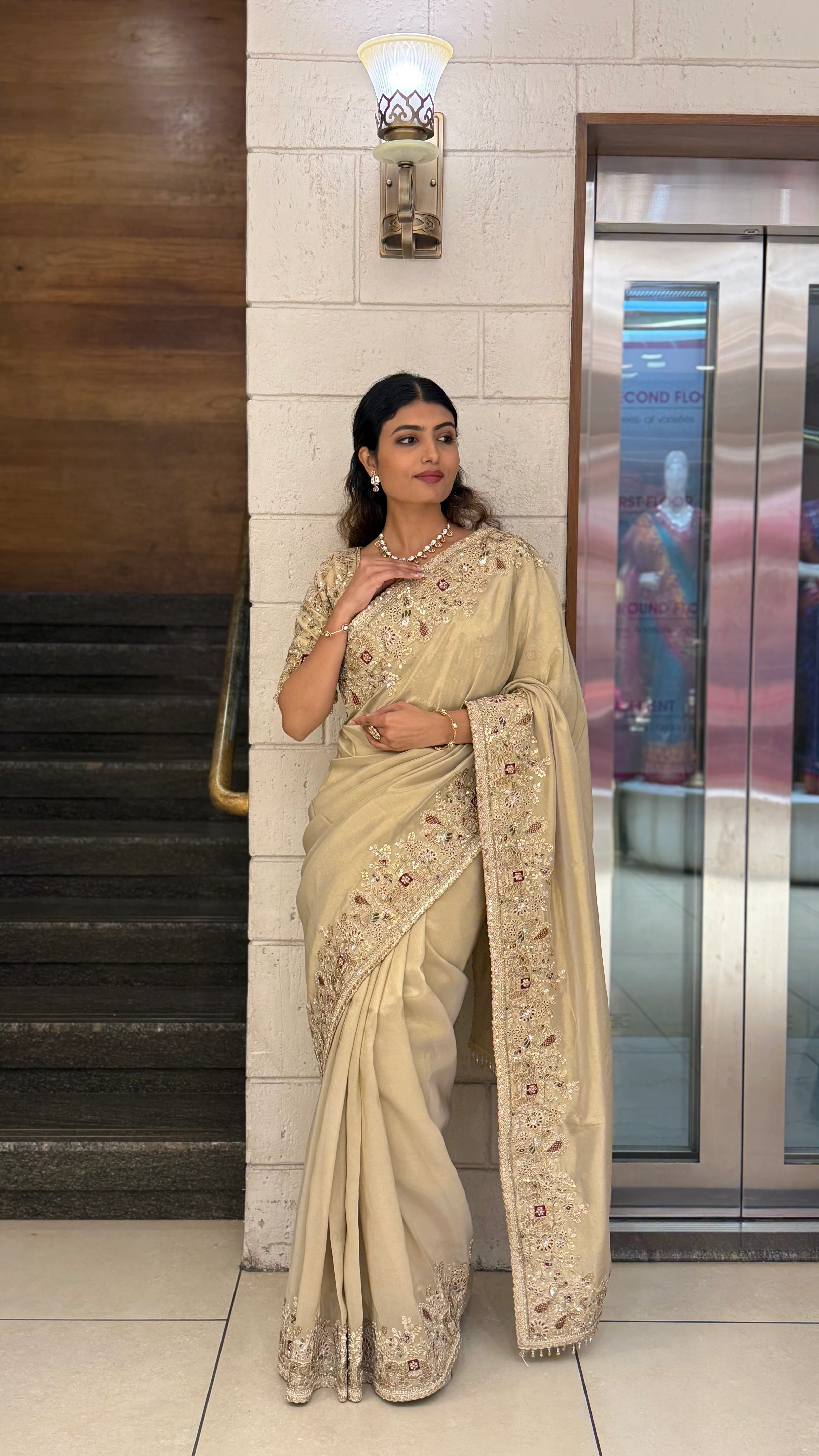 Elegant Champagne Gold Silk Saree with Intricate Hand Embroidery Border - Image 3