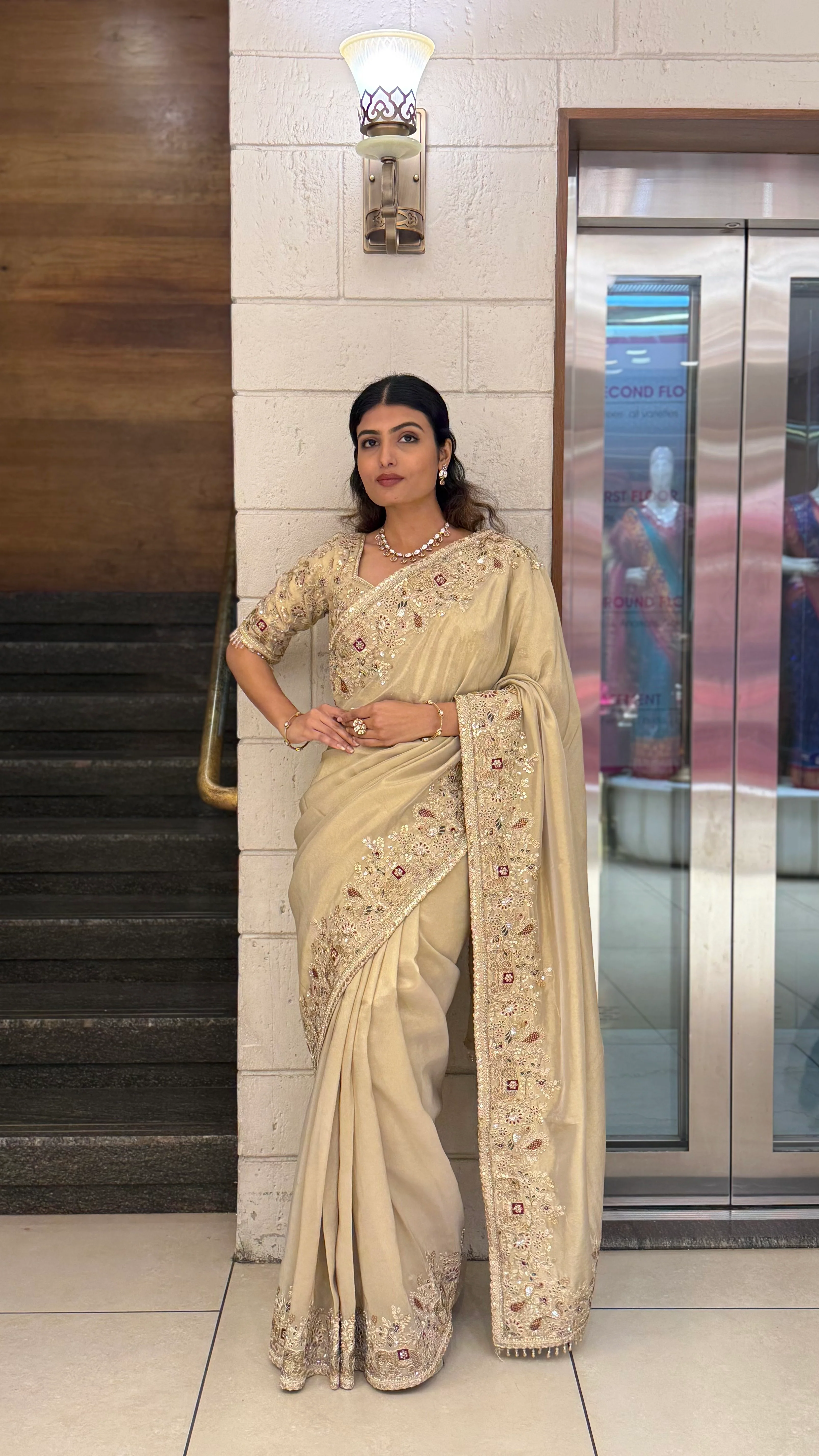 Elegant Champagne Gold Silk Saree with Intricate Hand Embroidery Border - Image 4