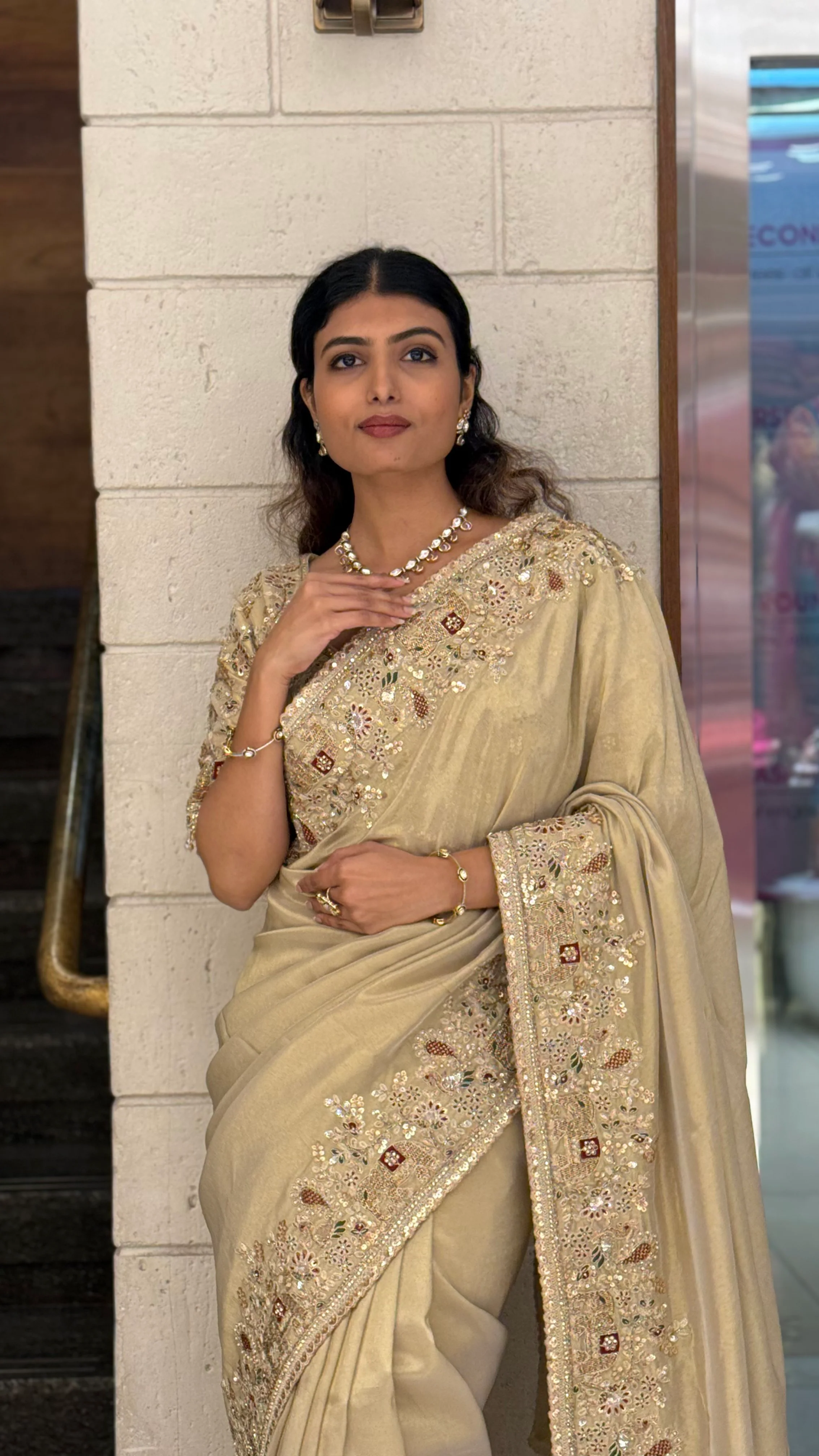 Elegant Champagne Gold Silk Saree with Intricate Hand Embroidery Border - Image 5