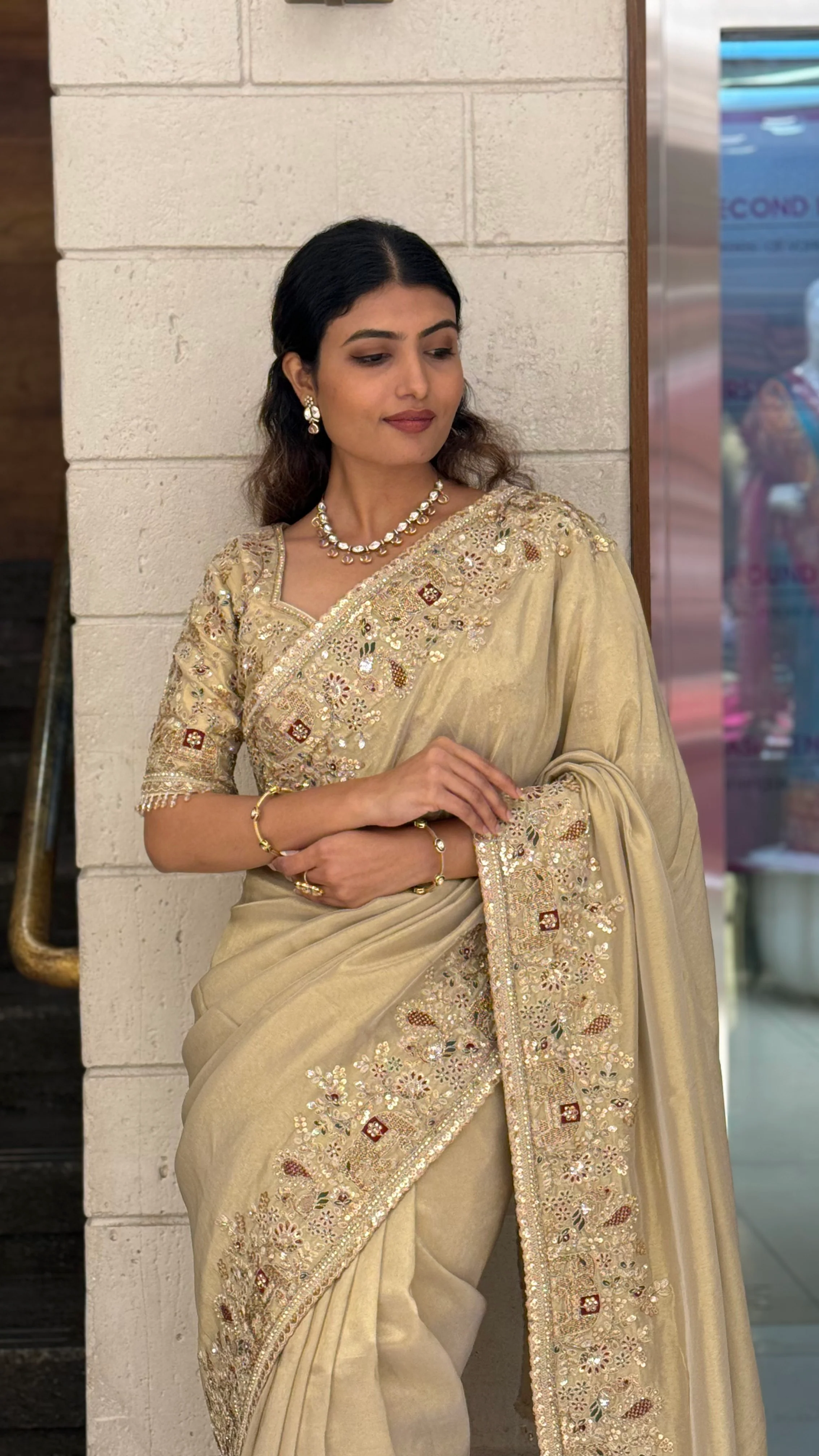 Elegant Champagne Gold Silk Saree with Intricate Hand Embroidery Border - Image 6