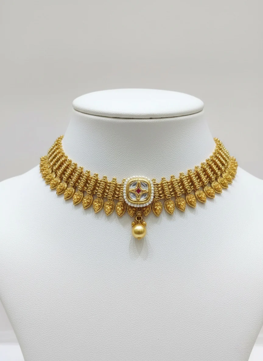 Elegant Gold Choker Necklace Set with Central Kundan Motif & Jhumka Earrings - Image 3