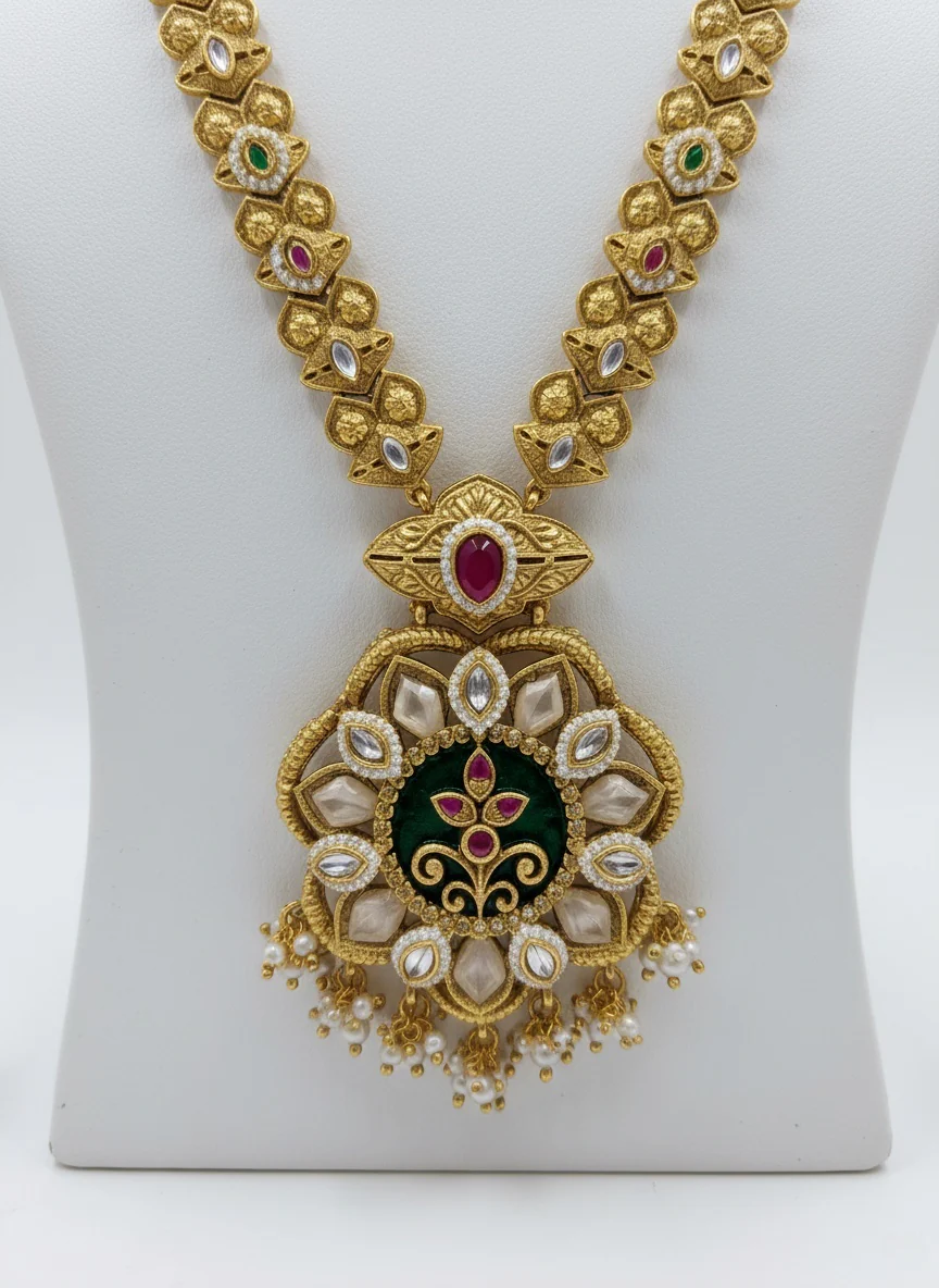 Elegant Gold Necklace Set with Enamel and Kundan Work - Image 3