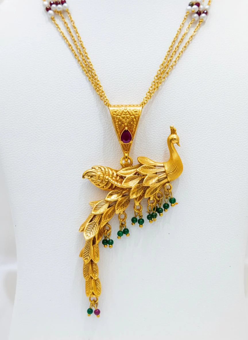 Elegant Gold Peacock Necklace Set with Ruby & Emerald Beads - Image 3