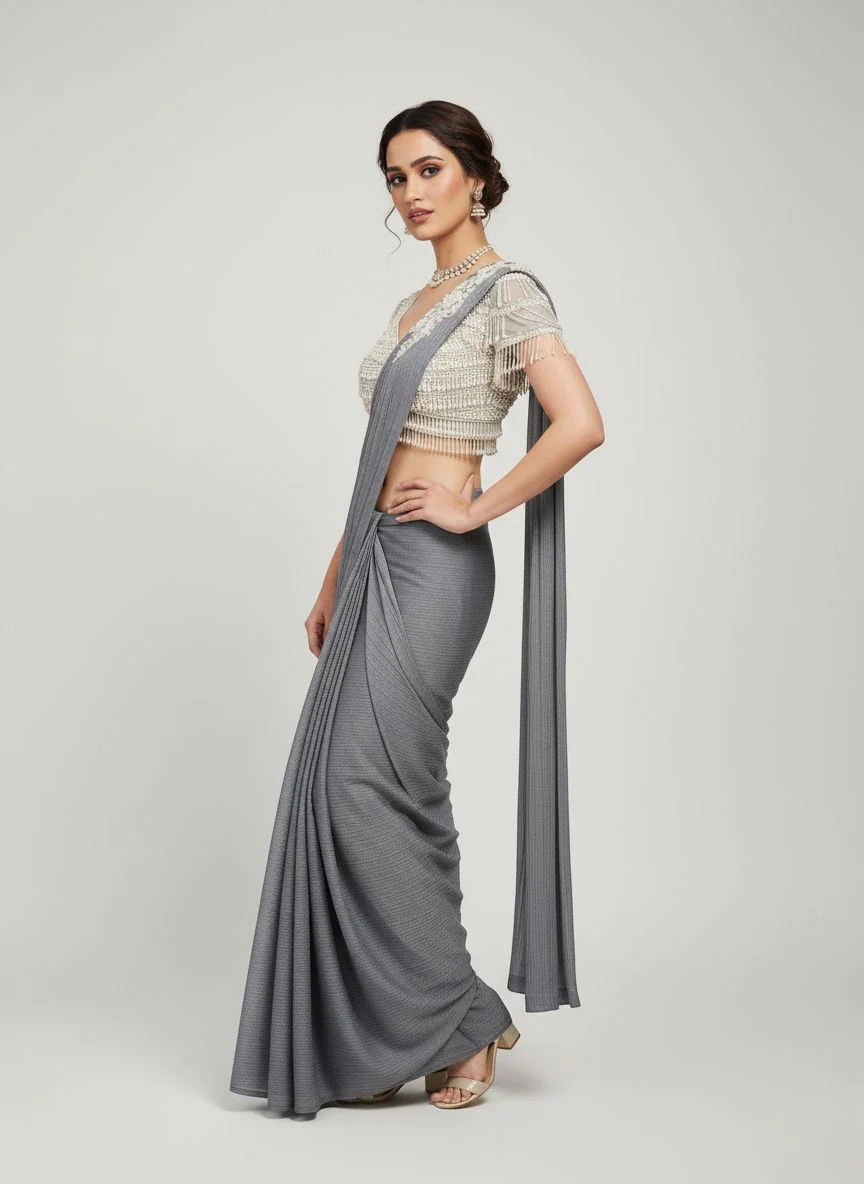 Elegant Grey Pleated Saree with Designer Pearl-Embellished Blouse - Image 3