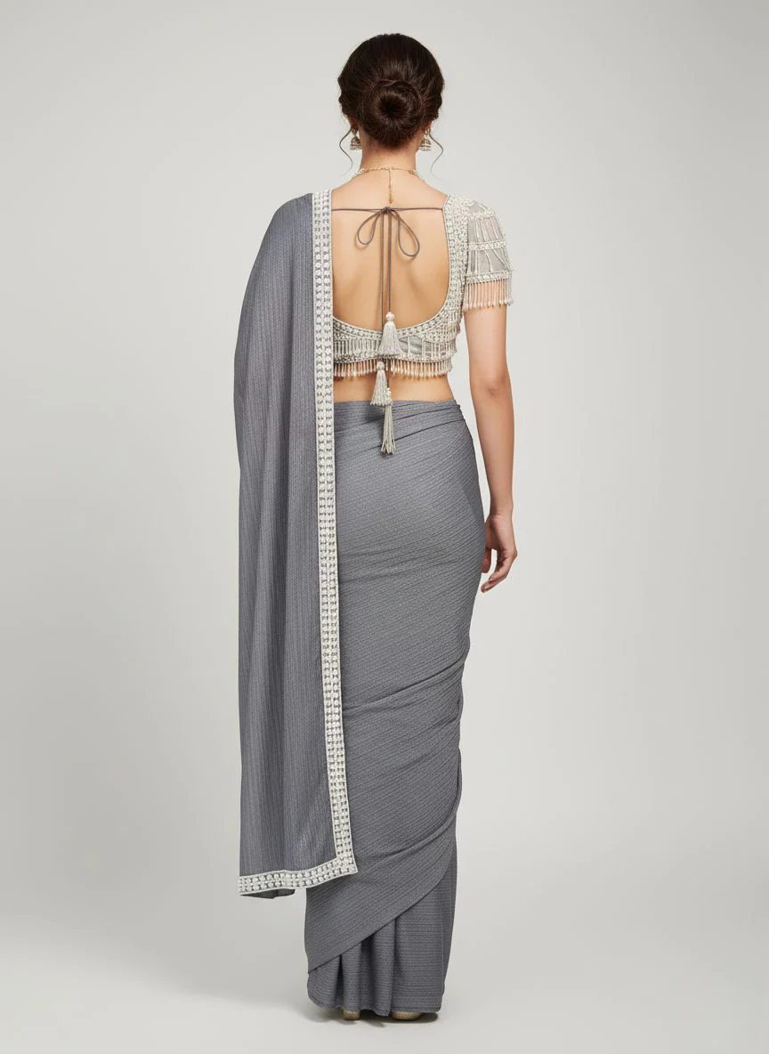 Elegant Grey Pleated Saree with Designer Pearl-Embellished Blouse - Image 5