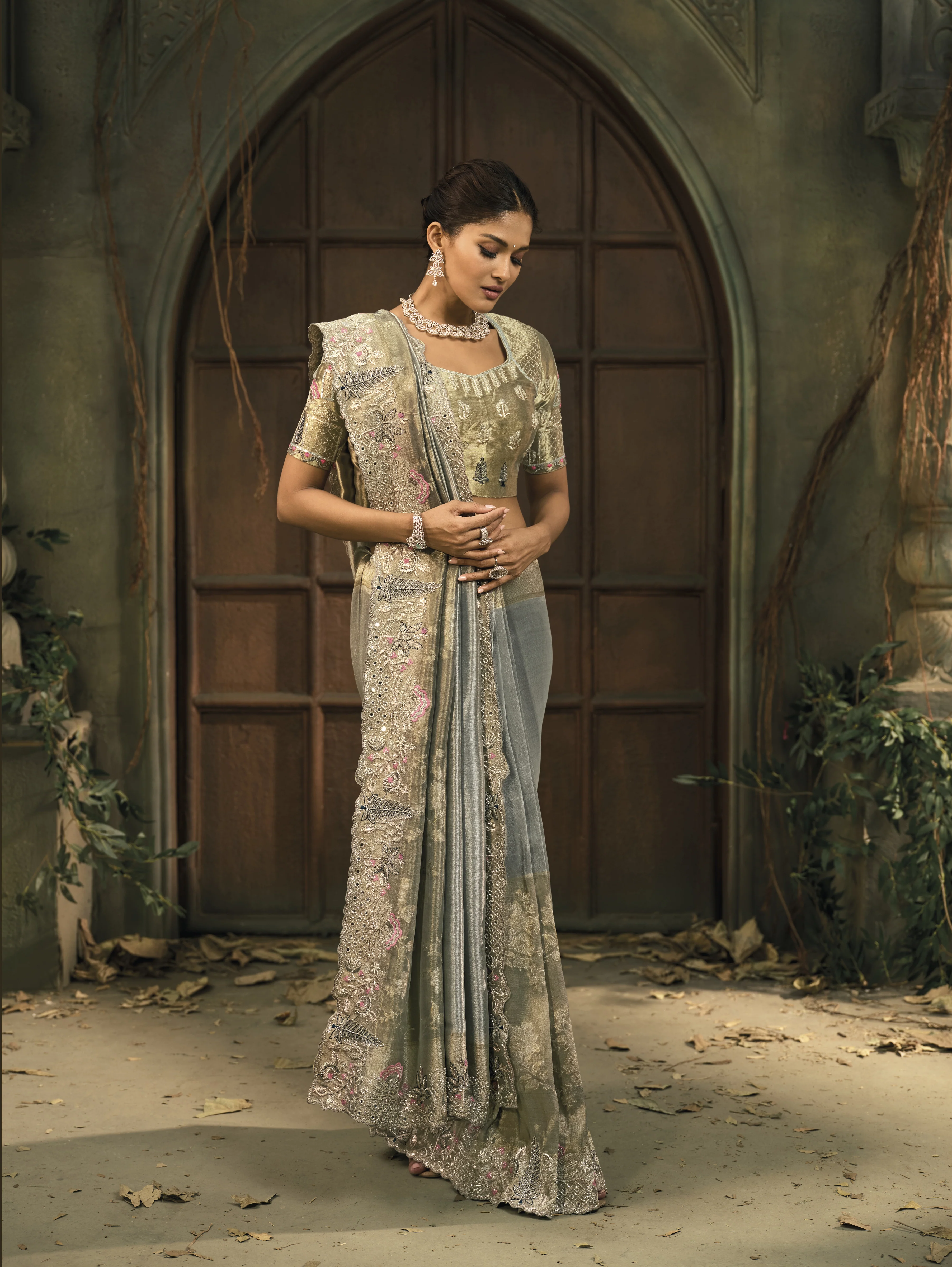Elegant Grey Silk Saree with Intricate Embroidery & Zari Border - Image 3