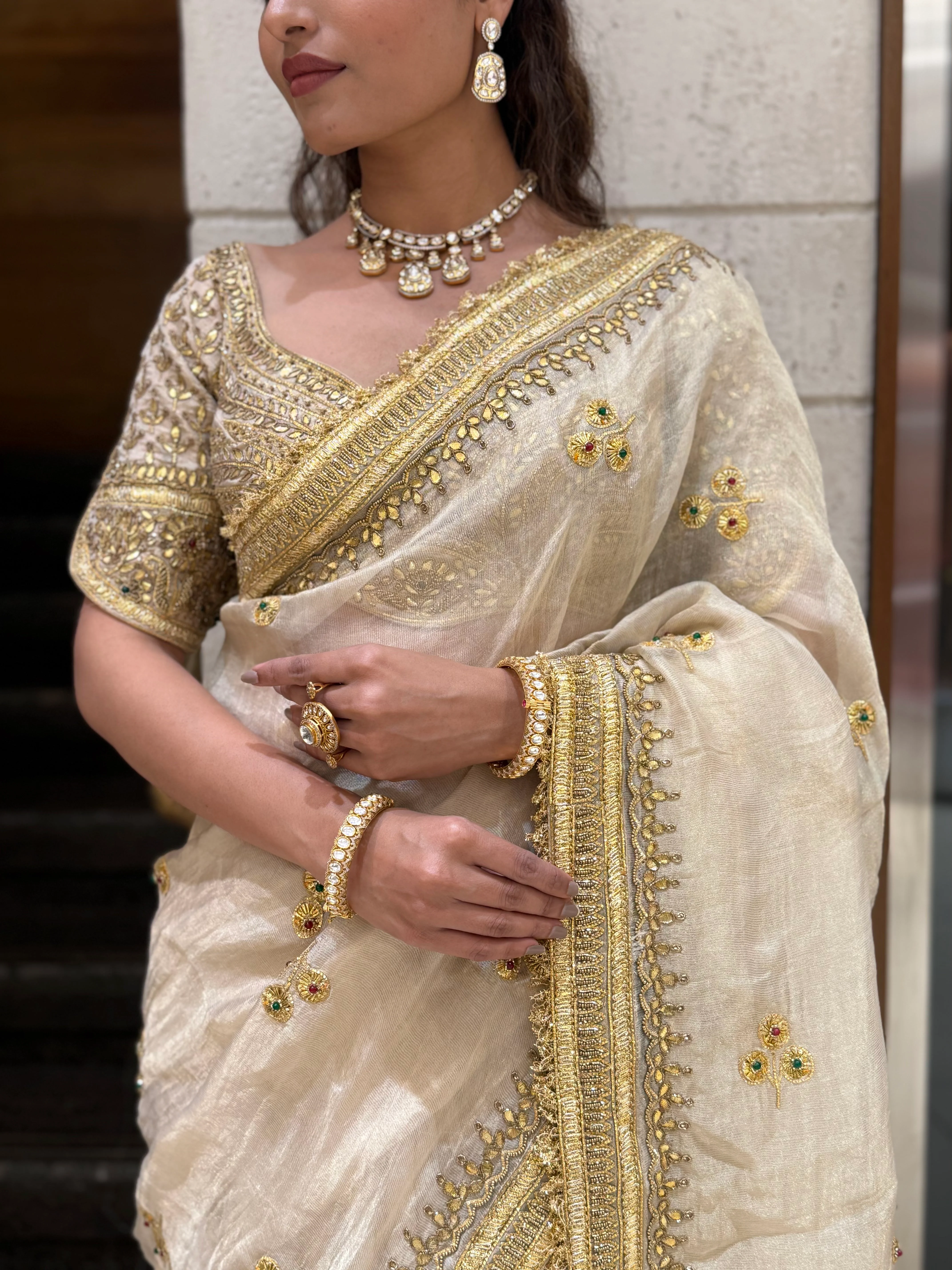 Elegant Ivory Gold Embroidered Designer Saree with Heavy Border & Matching Blouse - Image 2