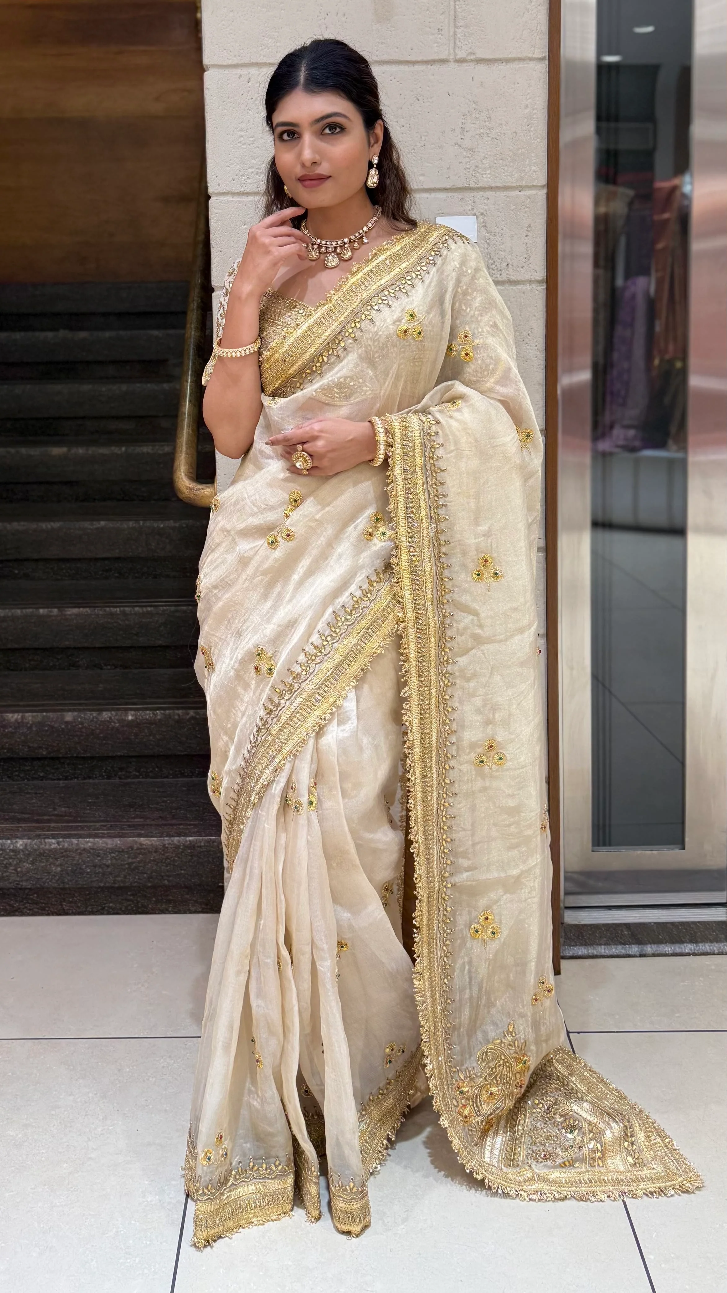 Elegant Ivory Gold Embroidered Designer Saree with Heavy Border & Matching Blouse - Image 3