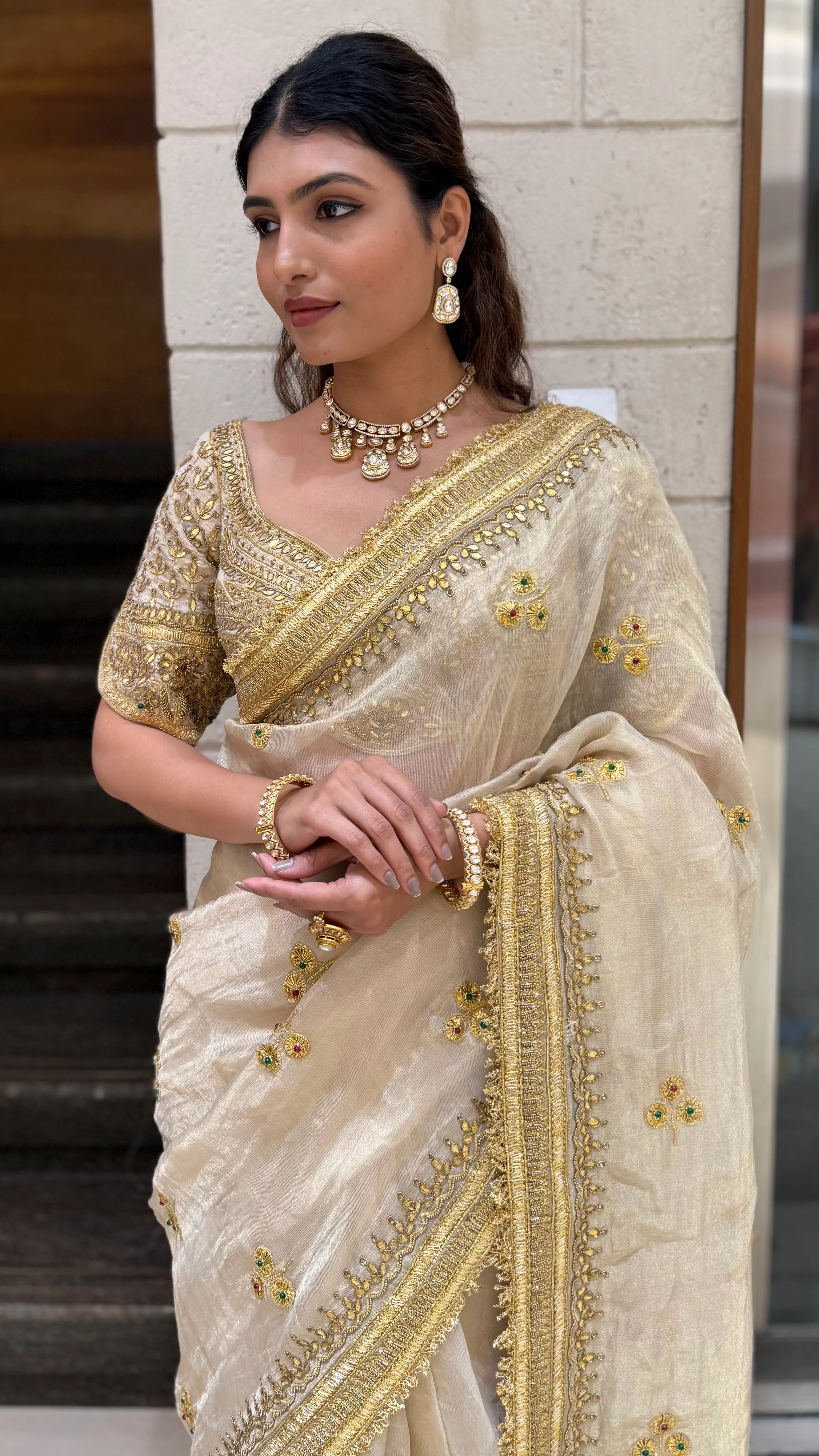 Elegant Ivory Gold Embroidered Designer Saree with Heavy Border & Matching Blouse - Image 5