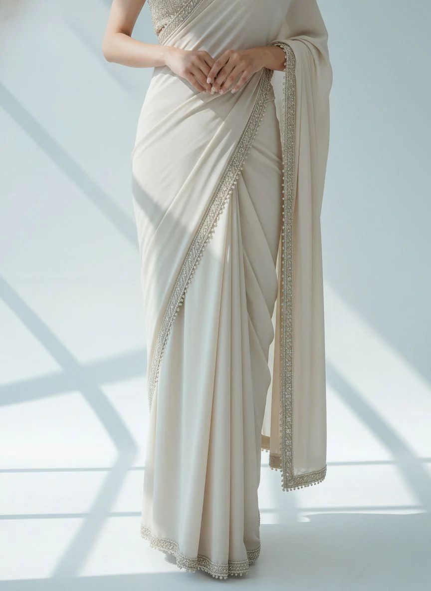 Elegant Ivory Ready-to-Wear Saree with Heavy Hand-Embellished High-Neck Blouse - Image 2