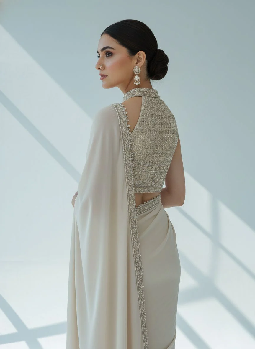 Elegant Ivory Ready-to-Wear Saree with Heavy Hand-Embellished High-Neck Blouse - Image 3