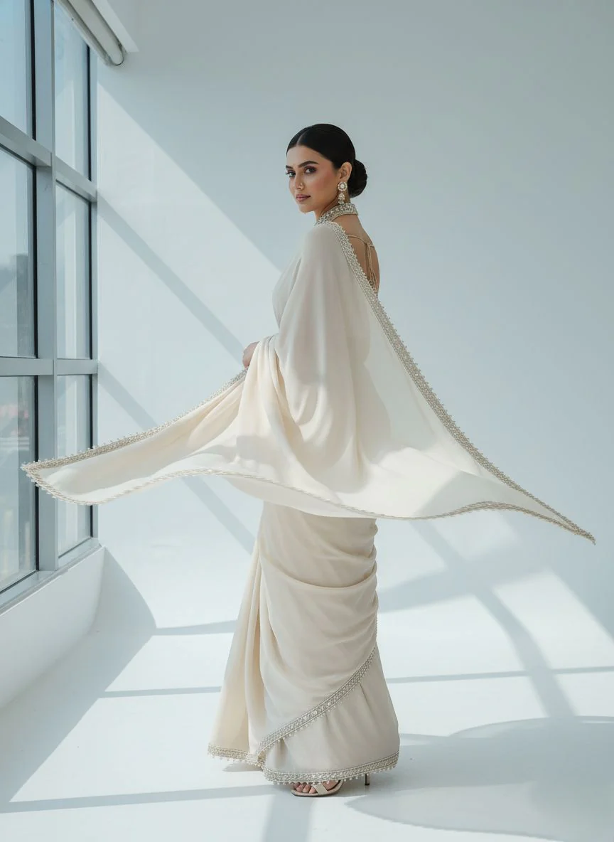 Elegant Ivory Ready-to-Wear Saree with Heavy Hand-Embellished High-Neck Blouse - Image 4