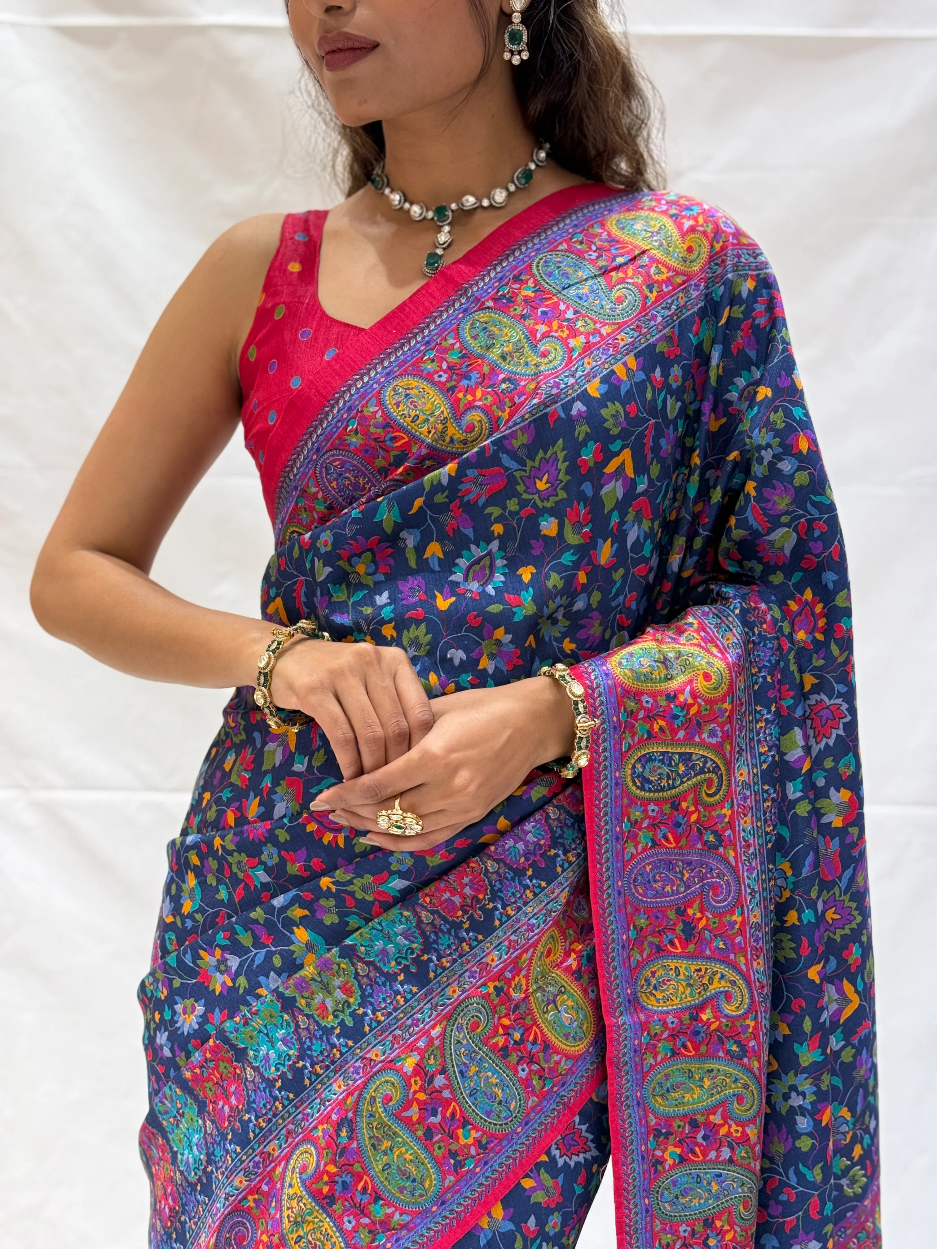 Elegant Kashmiri Paisley Floral Printed Silk Saree with Rich Border - Image 2