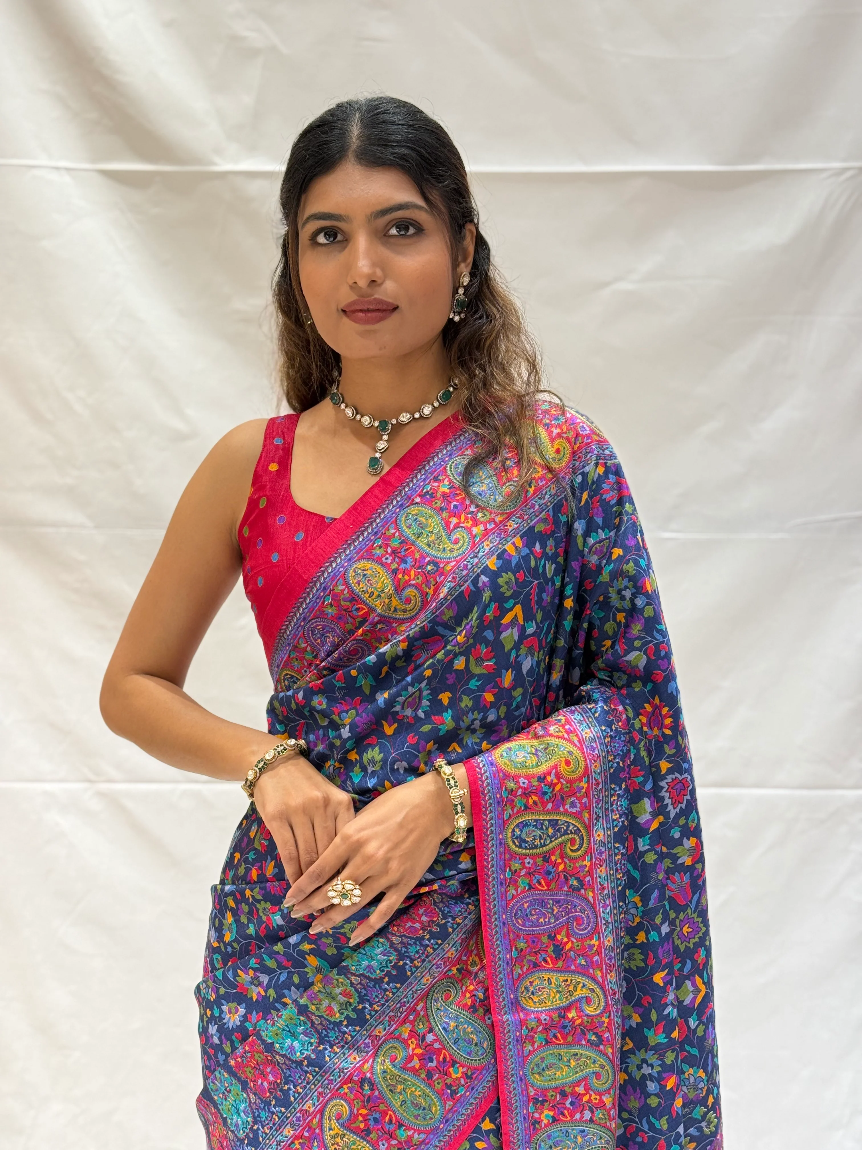Elegant Kashmiri Paisley Floral Printed Silk Saree with Rich Border - Image 3