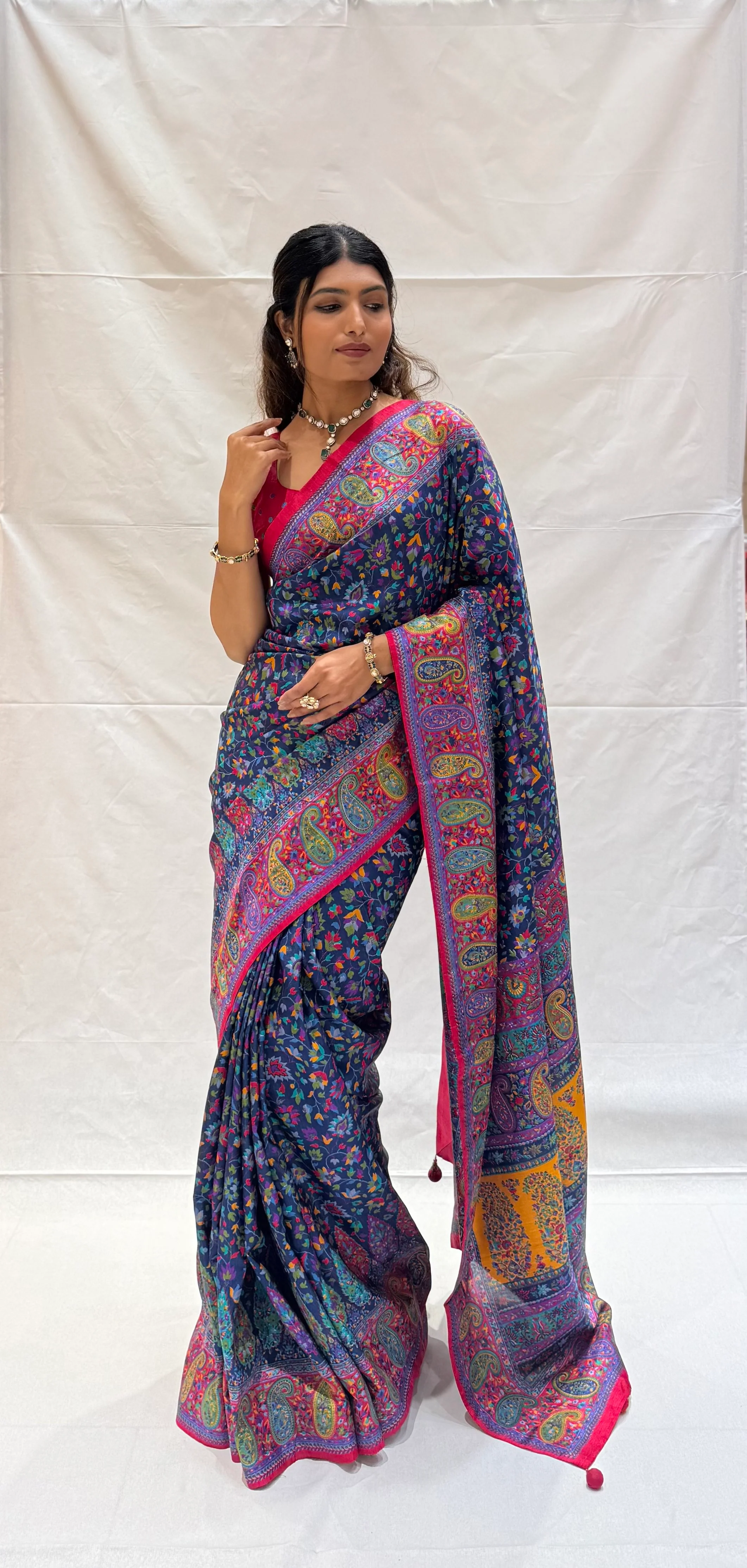 Elegant Kashmiri Paisley Floral Printed Silk Saree with Rich Border - Image 5
