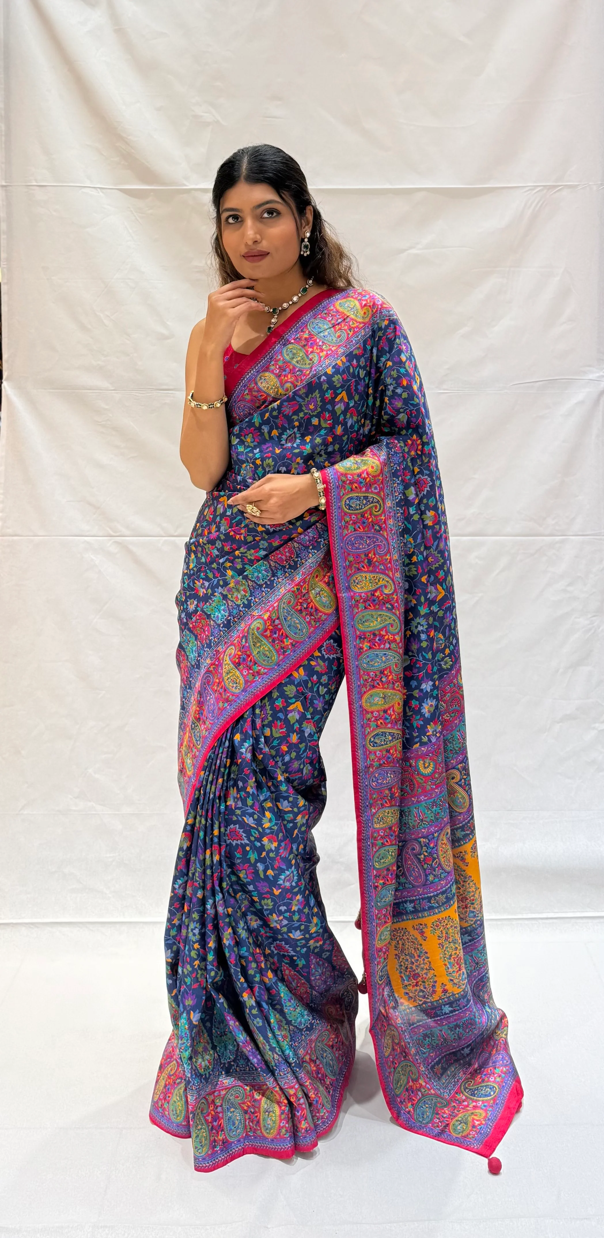 Elegant Kashmiri Paisley Floral Printed Silk Saree with Rich Border - Image 6
