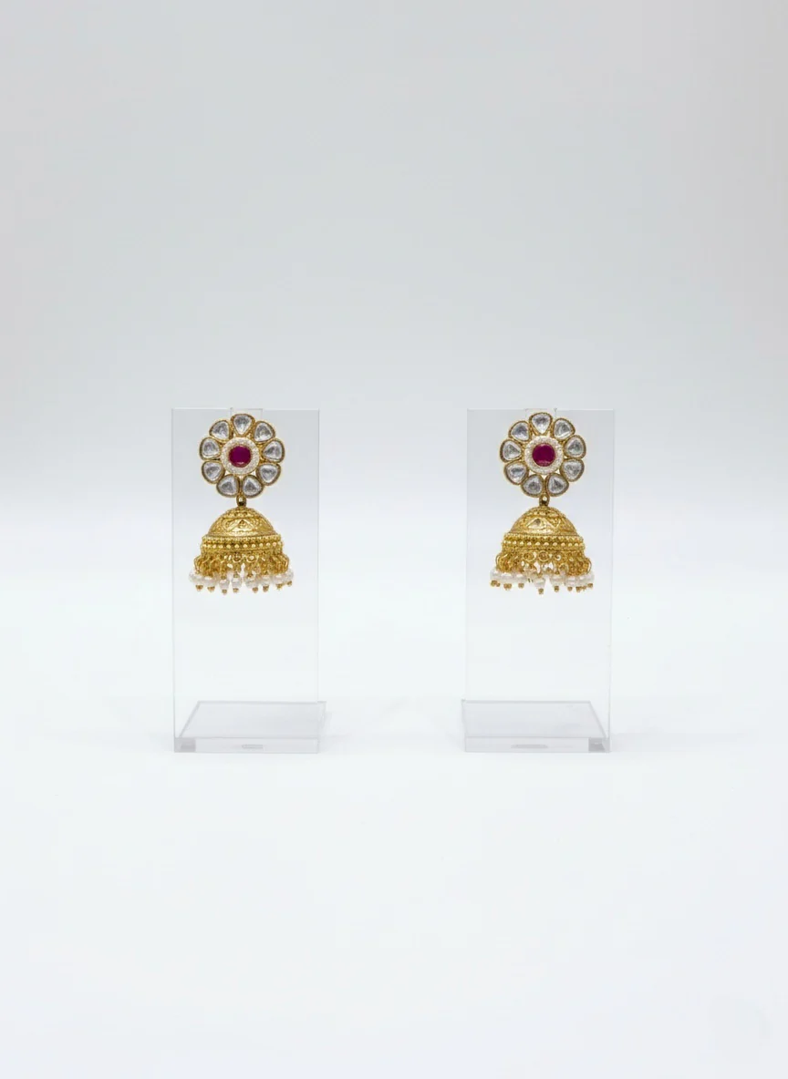Elegant Kundan Choker Necklace Set with Ruby Stones & Gold Jhumkas - Image 2