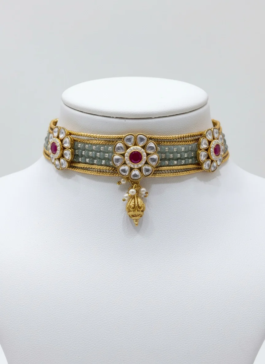 Elegant Kundan Choker Necklace Set with Ruby Stones & Gold Jhumkas - Image 3