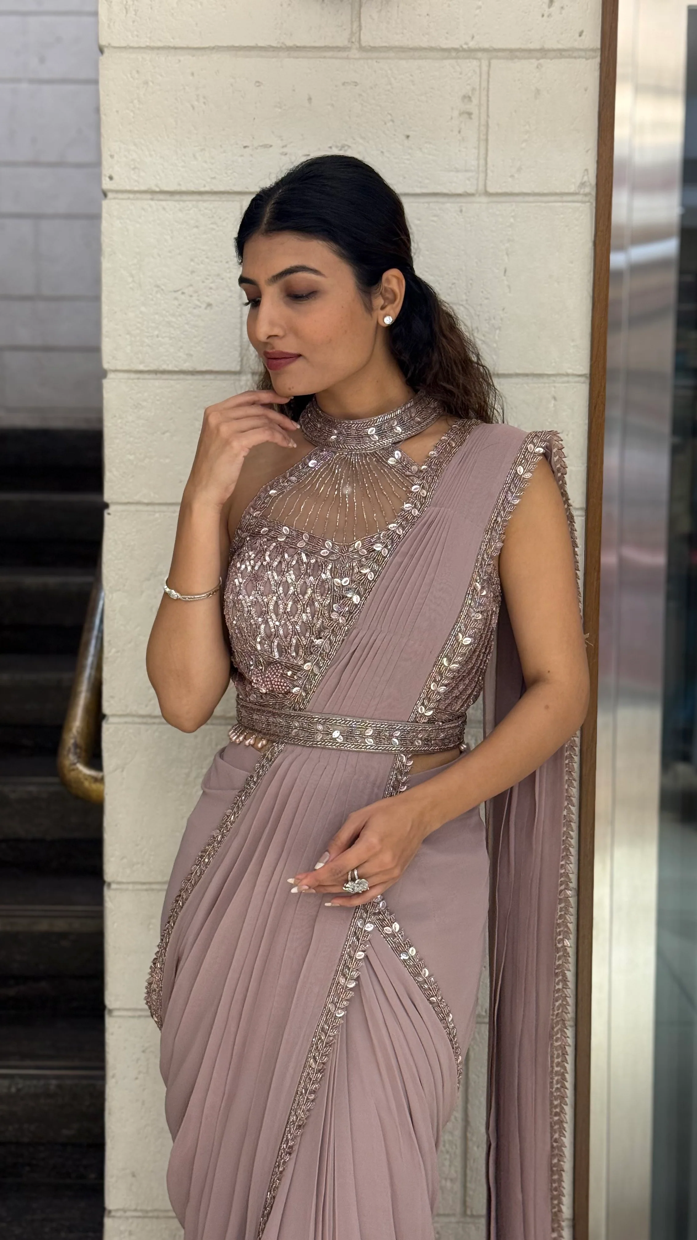 Elegant Mauve Designer Ready-to-Wear Saree with Embellished Blouse - Image 3