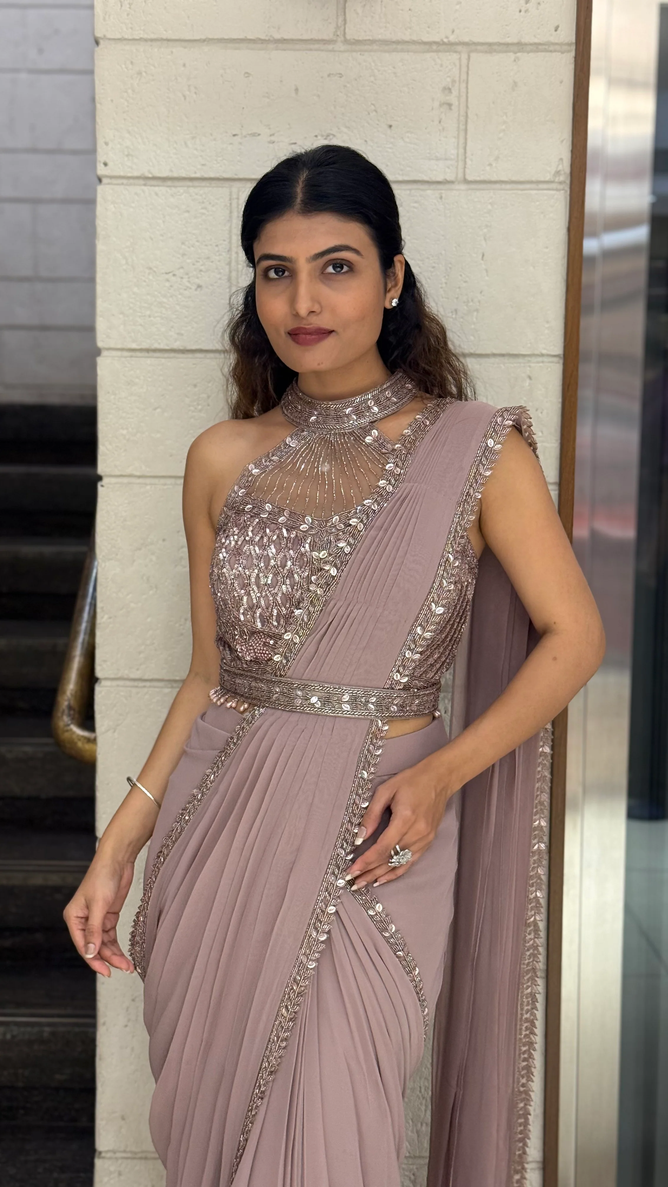 Elegant Mauve Designer Ready-to-Wear Saree with Embellished Blouse - Image 4