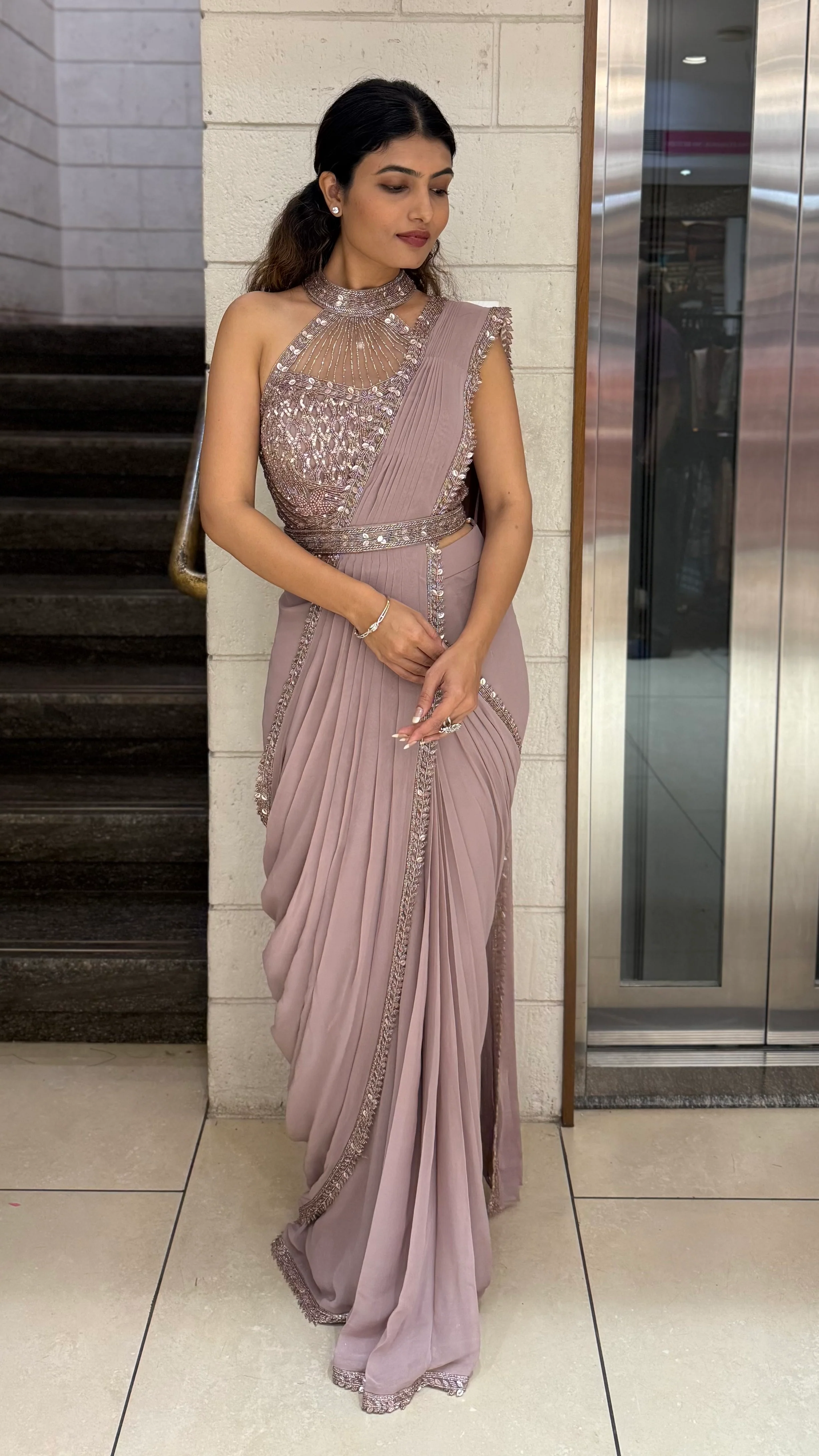 Elegant Mauve Designer Ready-to-Wear Saree with Embellished Blouse - Image 5