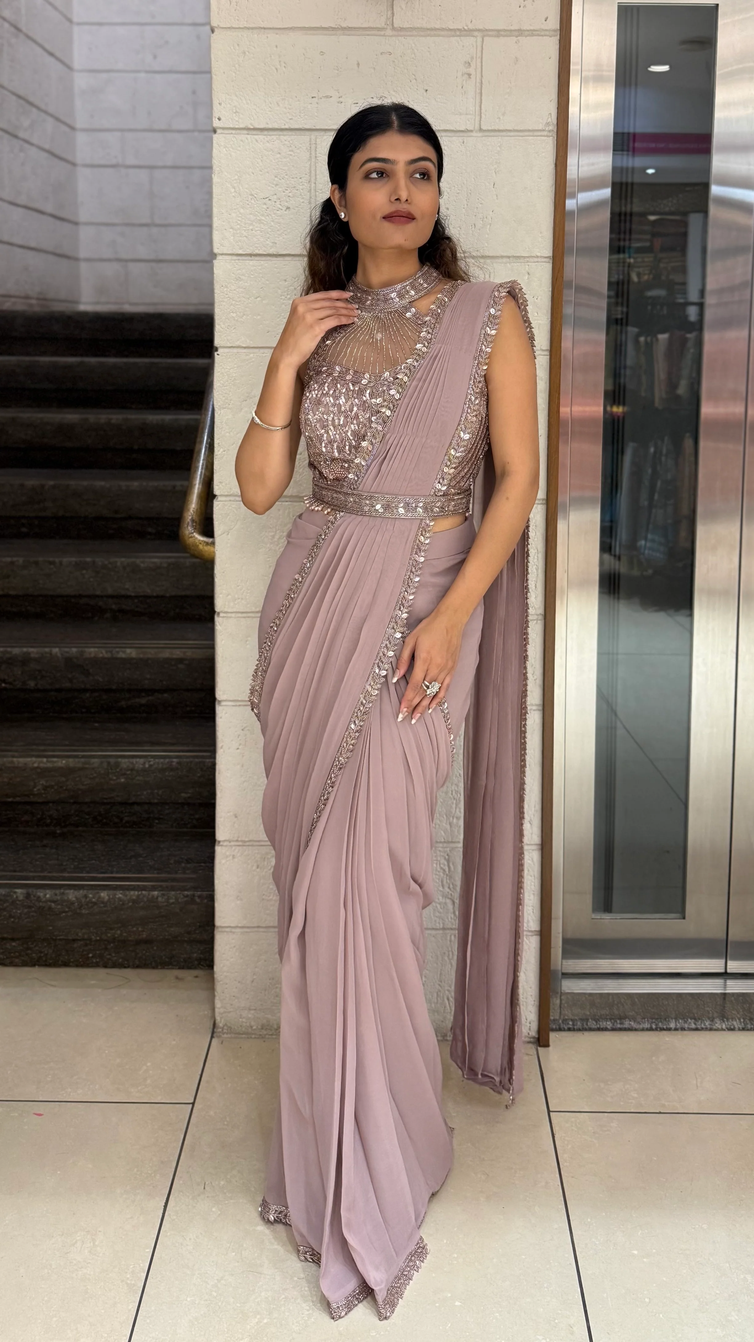 Elegant Mauve Designer Ready-to-Wear Saree with Embellished Blouse - Image 6
