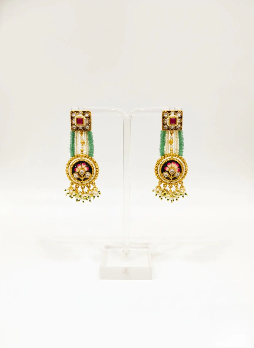 Elegant Meenakari Necklace Set with Green Bead Strands & Floral Kundan Detailing - Image 2