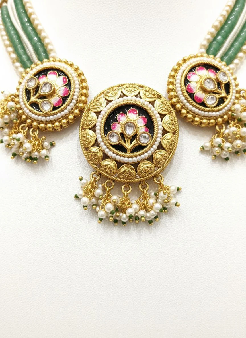 Elegant Meenakari Necklace Set with Green Bead Strands & Floral Kundan Detailing - Image 3