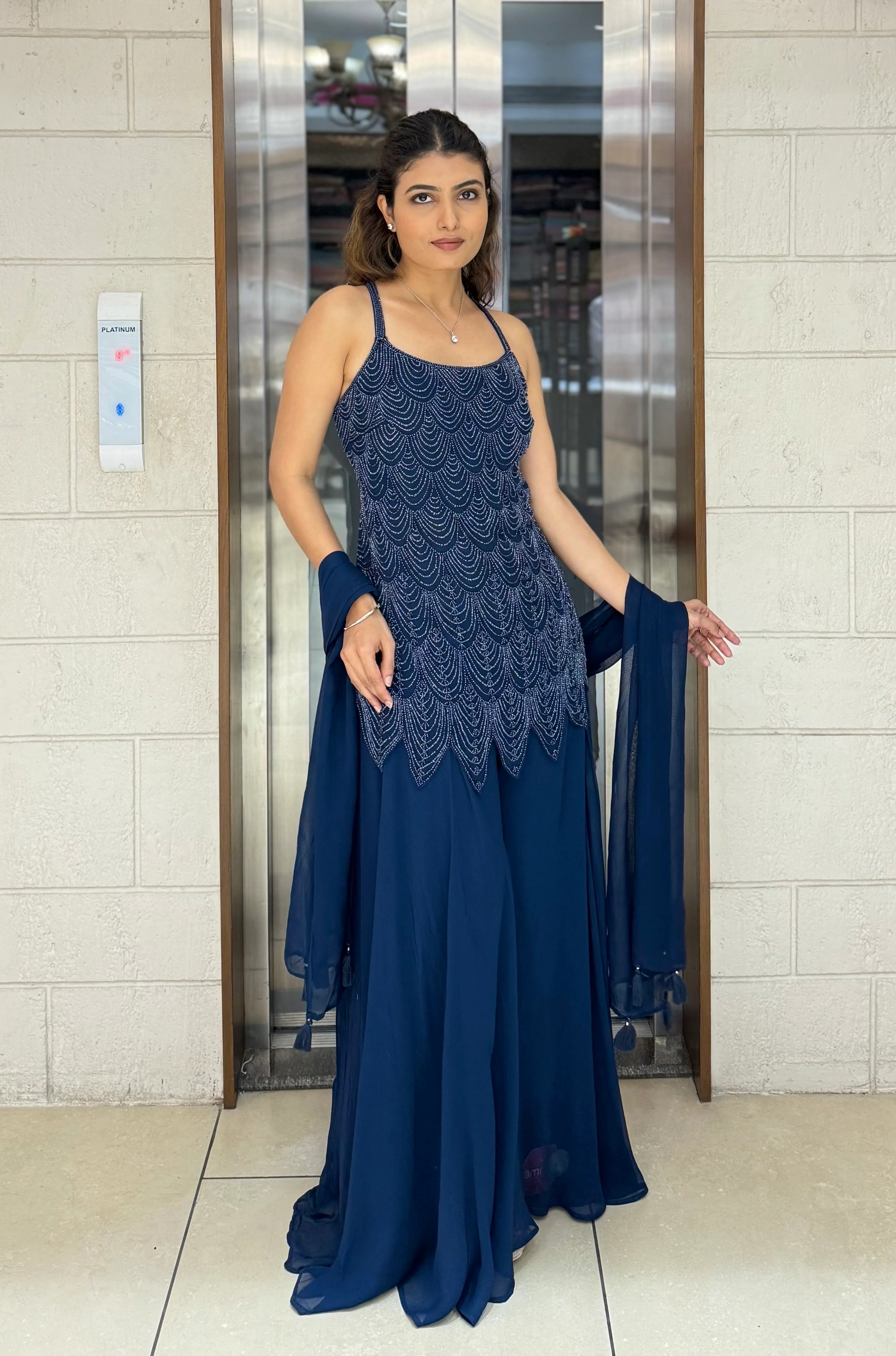 Elegant Midnight Hand-Embroidered Palazzo Suit with Dupatta - Image 10